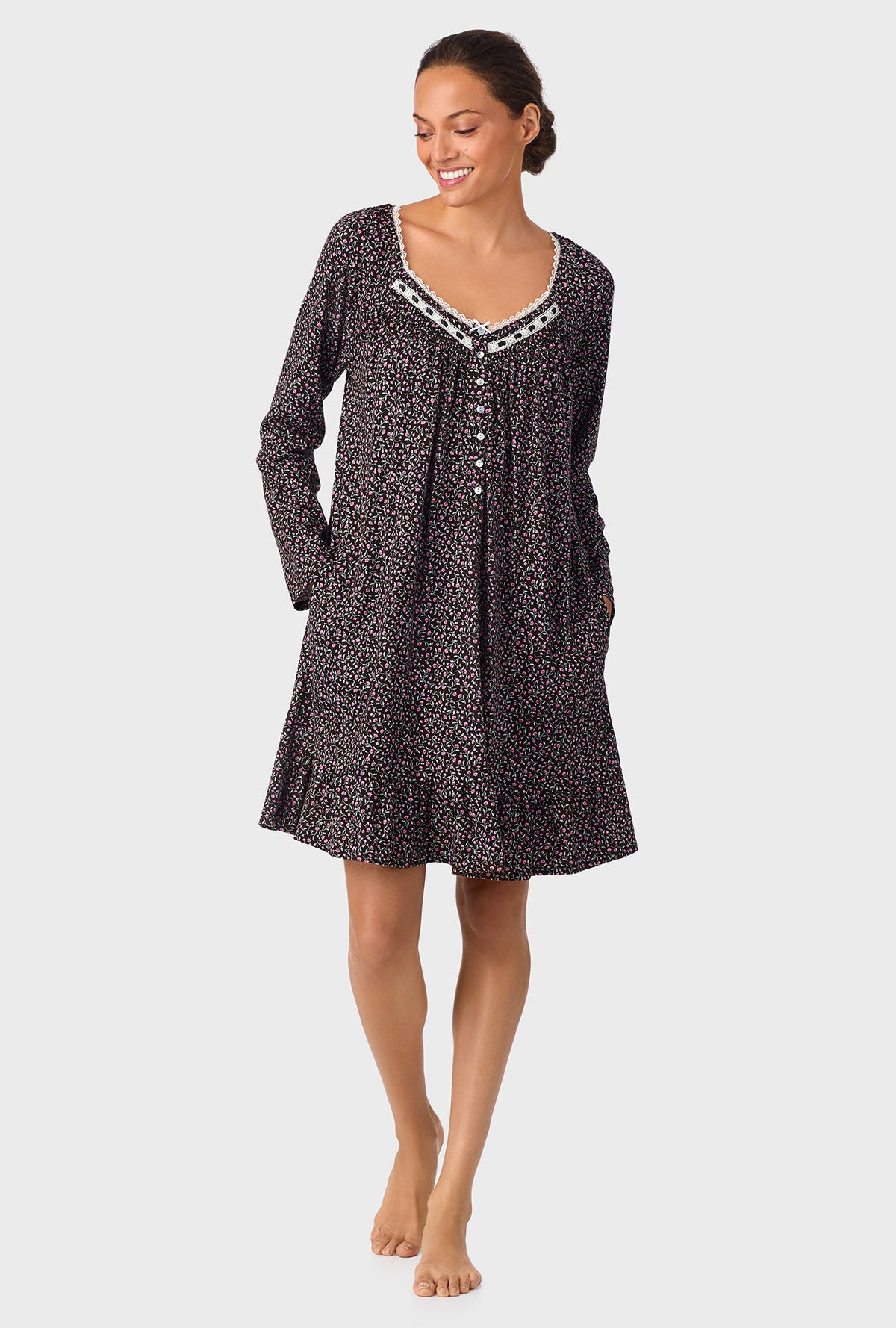 A lady wearing Midnight Floral Short Long Sleeve Cotton Knit Nightgown