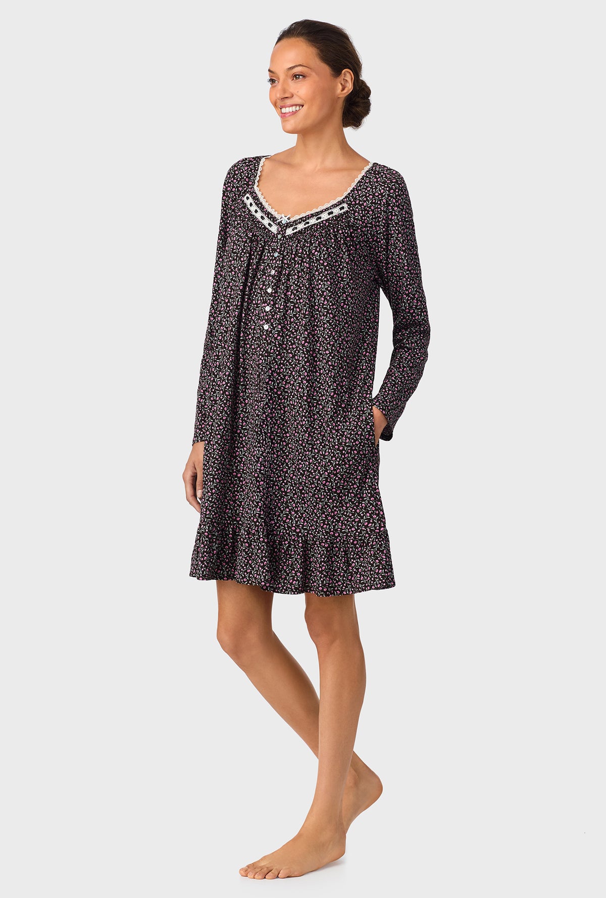 A lady wearing Midnight Floral Short Long Sleeve Cotton Knit Nightgown