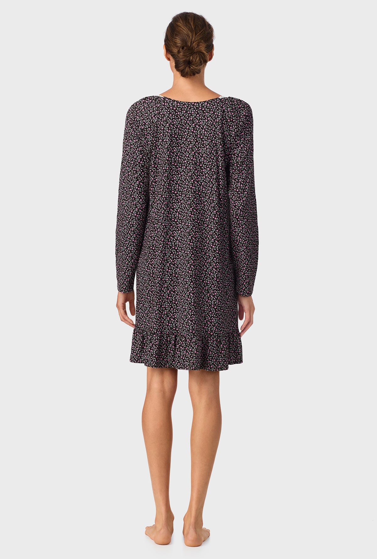 A lady wearing Midnight Floral Short Long Sleeve Cotton Knit Nightgown