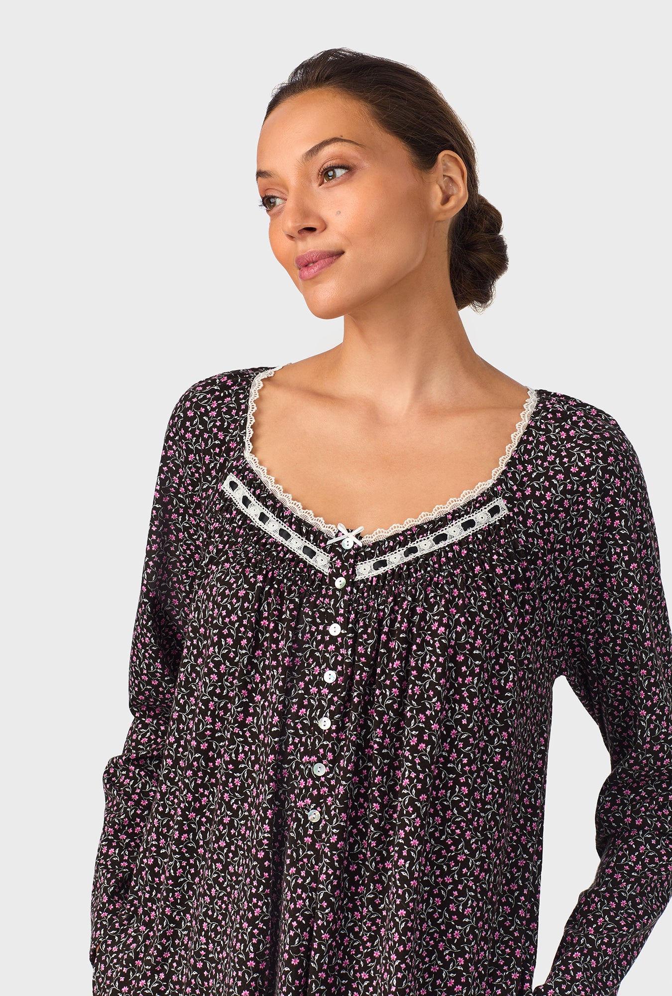 A lady wearing Midnight Floral Short Long Sleeve Cotton Knit Nightgown