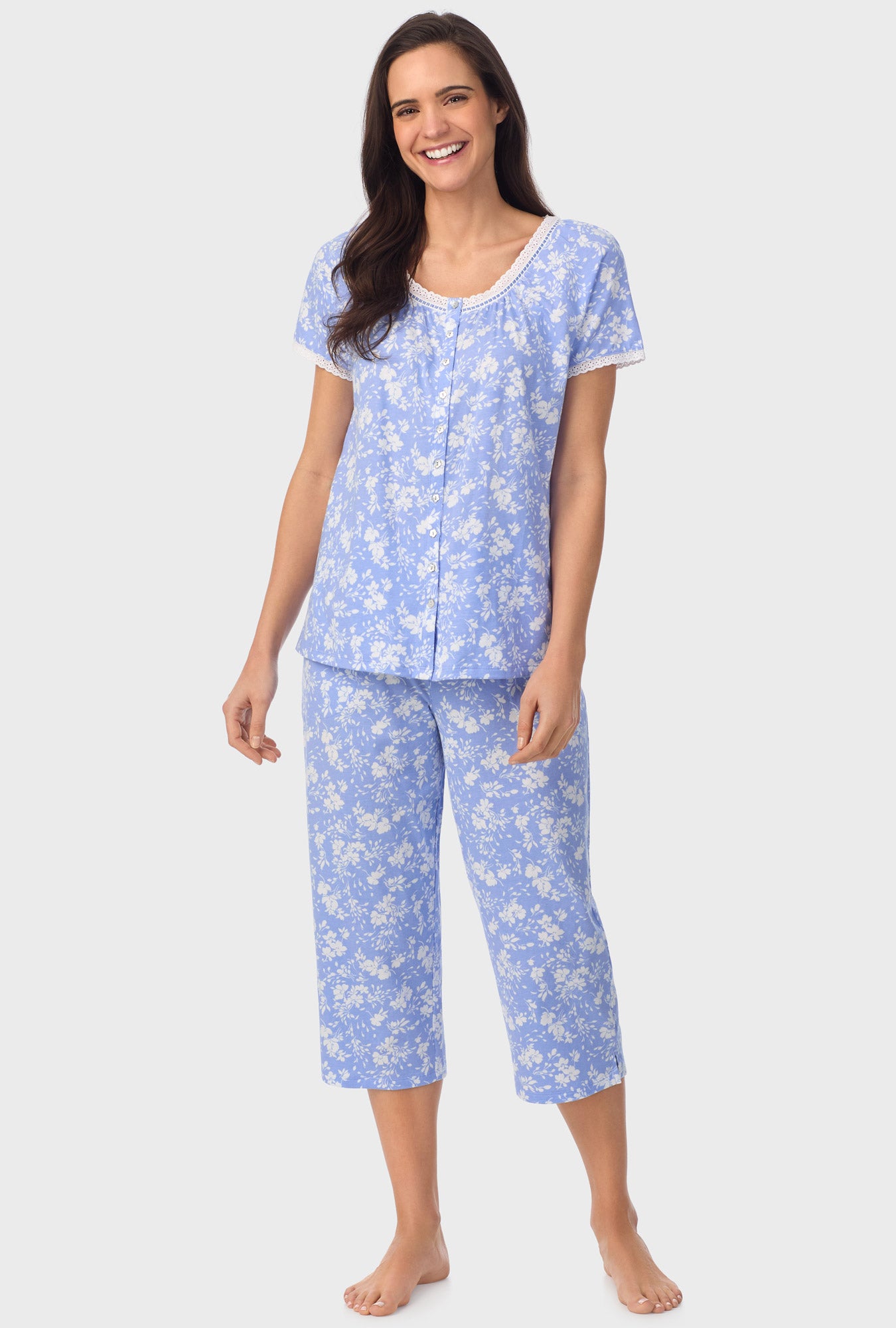 A lady wearing blue short Sleeve Floral Cap Sleeve Capri Pant PJ Set  with Powder Blue print