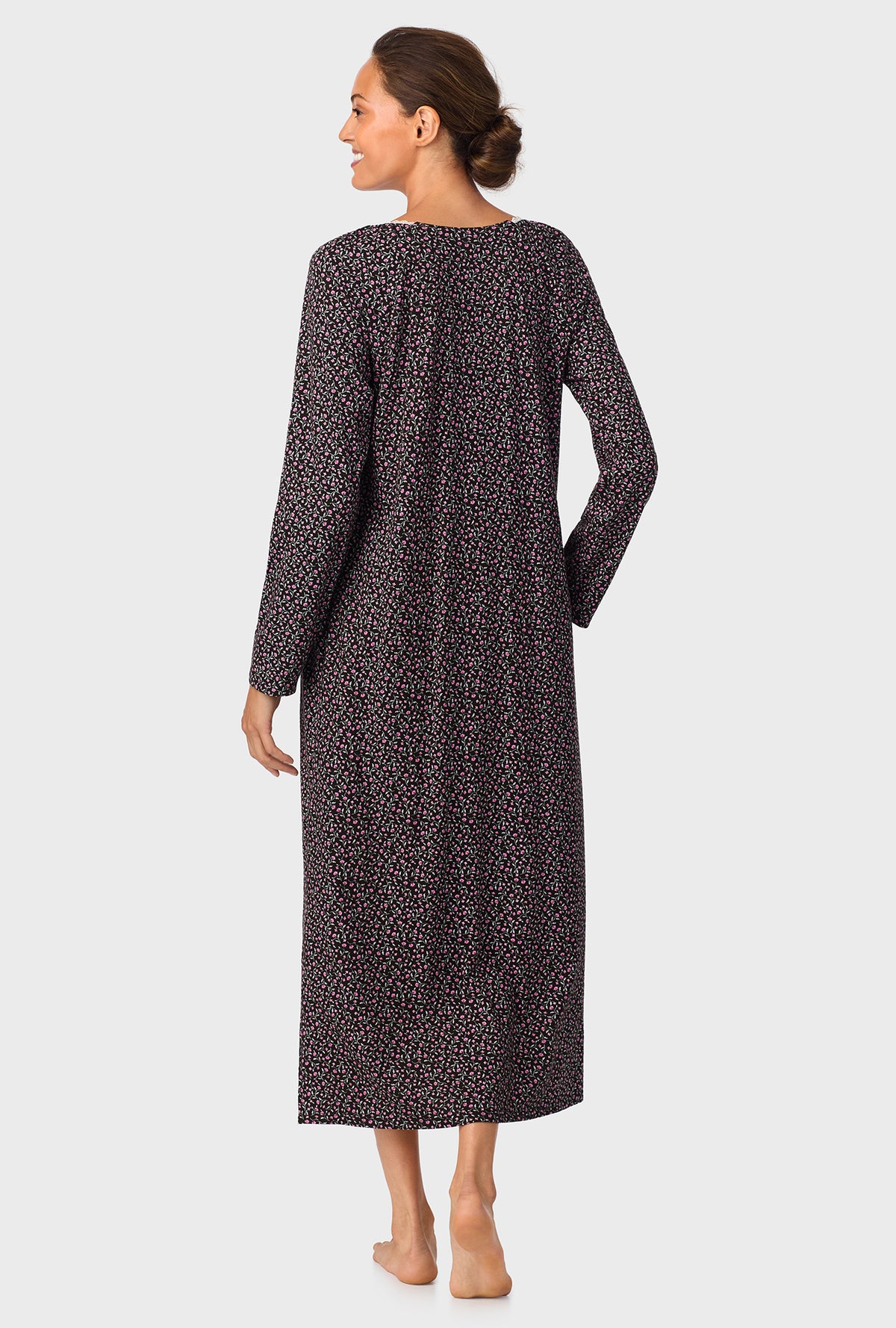 A lady wearing Midnight Floral Long Sleeve Ballet Cotton Knit Nightgown