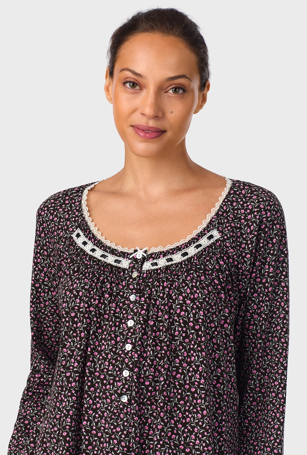 A lady wearing Midnight Floral Long Sleeve Ballet Cotton Knit Nightgown