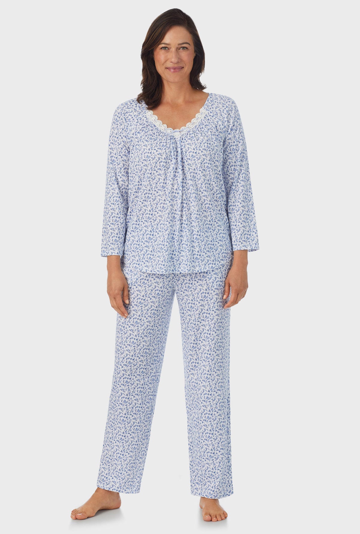A lady wearing white Long Sleeve 3/4 Sleeve Long Pant PJ Set with Dusty Blue  print