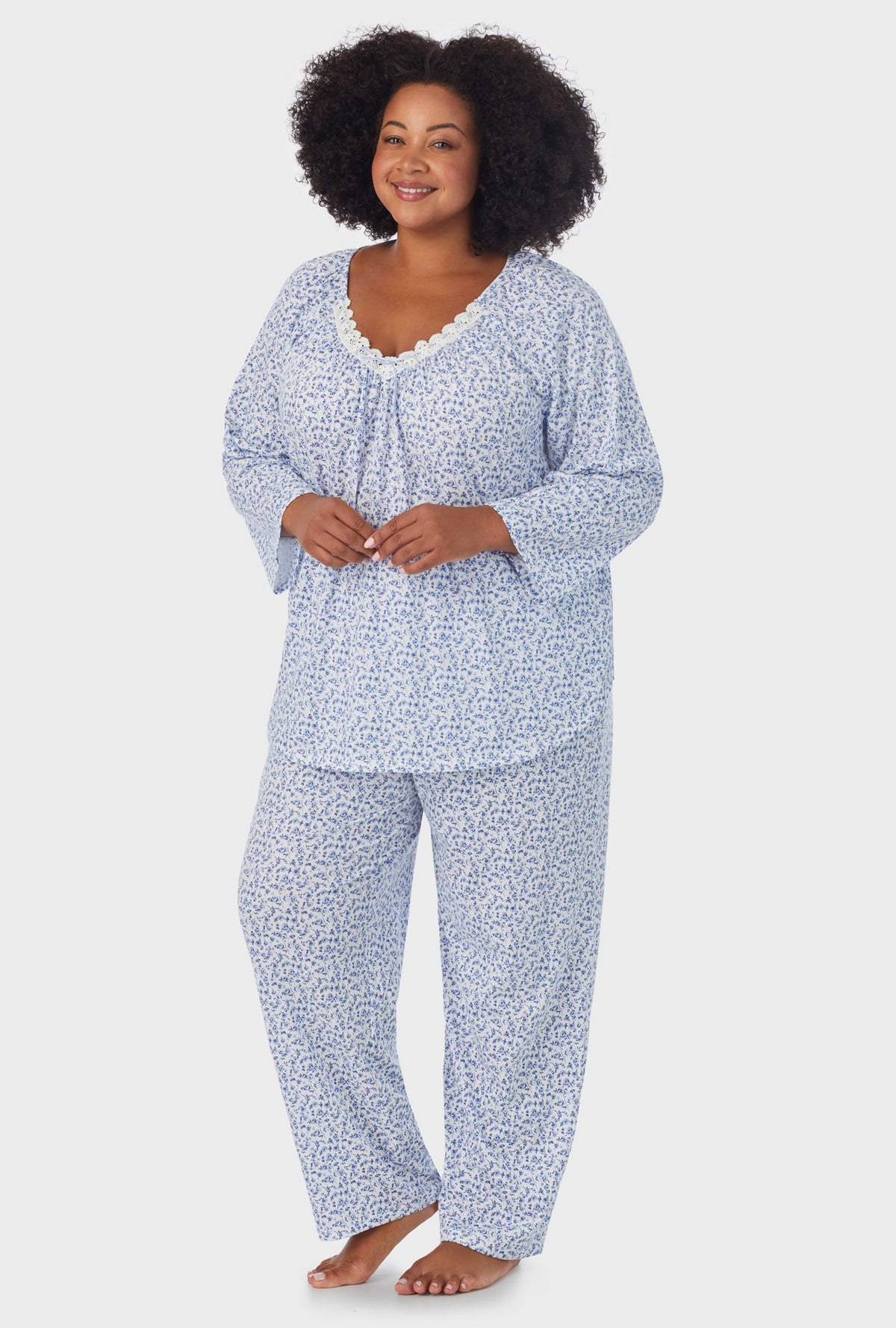 A lady wearing white Long Sleeve 3/4 Sleeve Long Pant plus size PJ Set with Dusty Blue  print