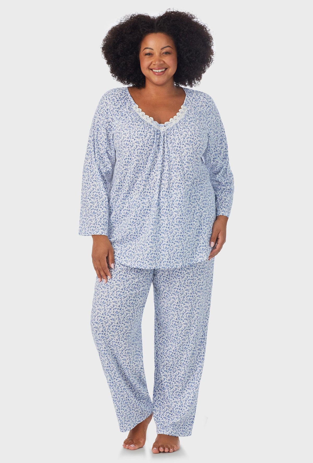 A lady wearing white Long Sleeve 3/4 Sleeve Long Pant plus size PJ Set with Dusty Blue print