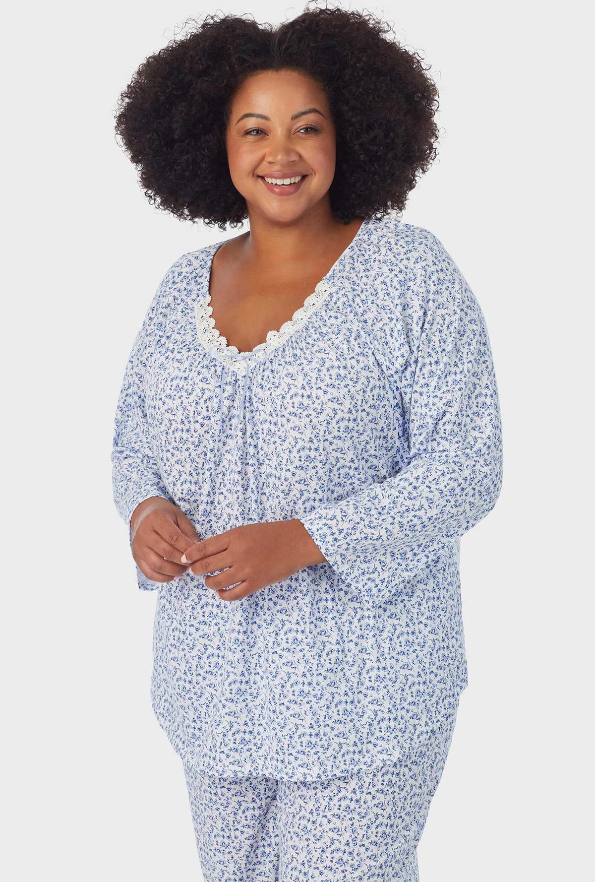 A lady wearing white Long Sleeve 3/4 Sleeve Long Pant plus size PJ Set with Dusty Blue print