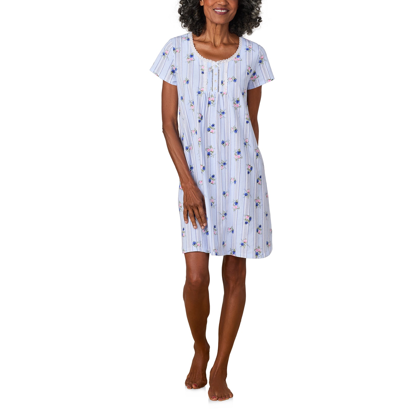 A lady wearing Rose Stripe Cotton Jersey Nightshirt