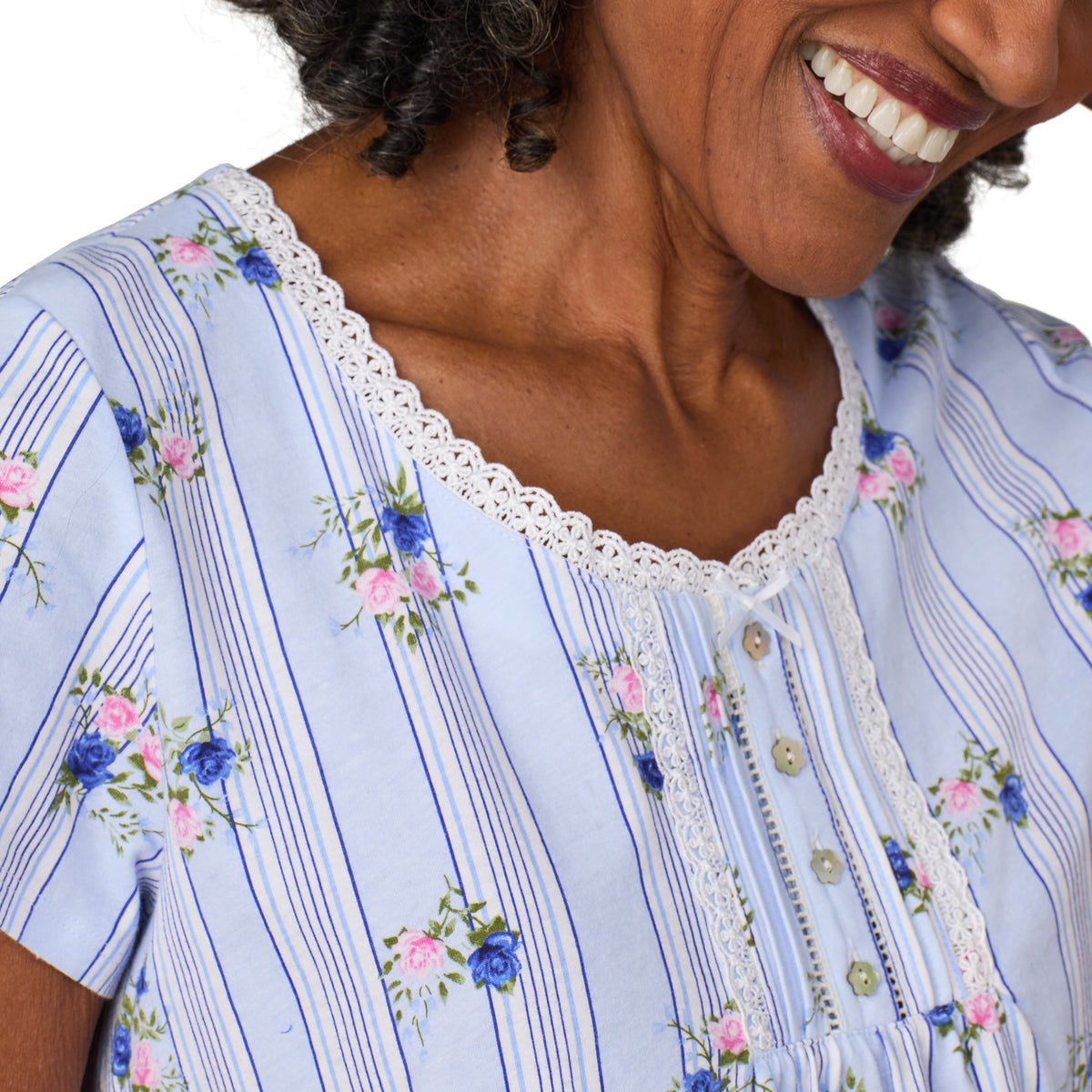 A lady wearing Rose Stripe Cotton Jersey Nightshirt