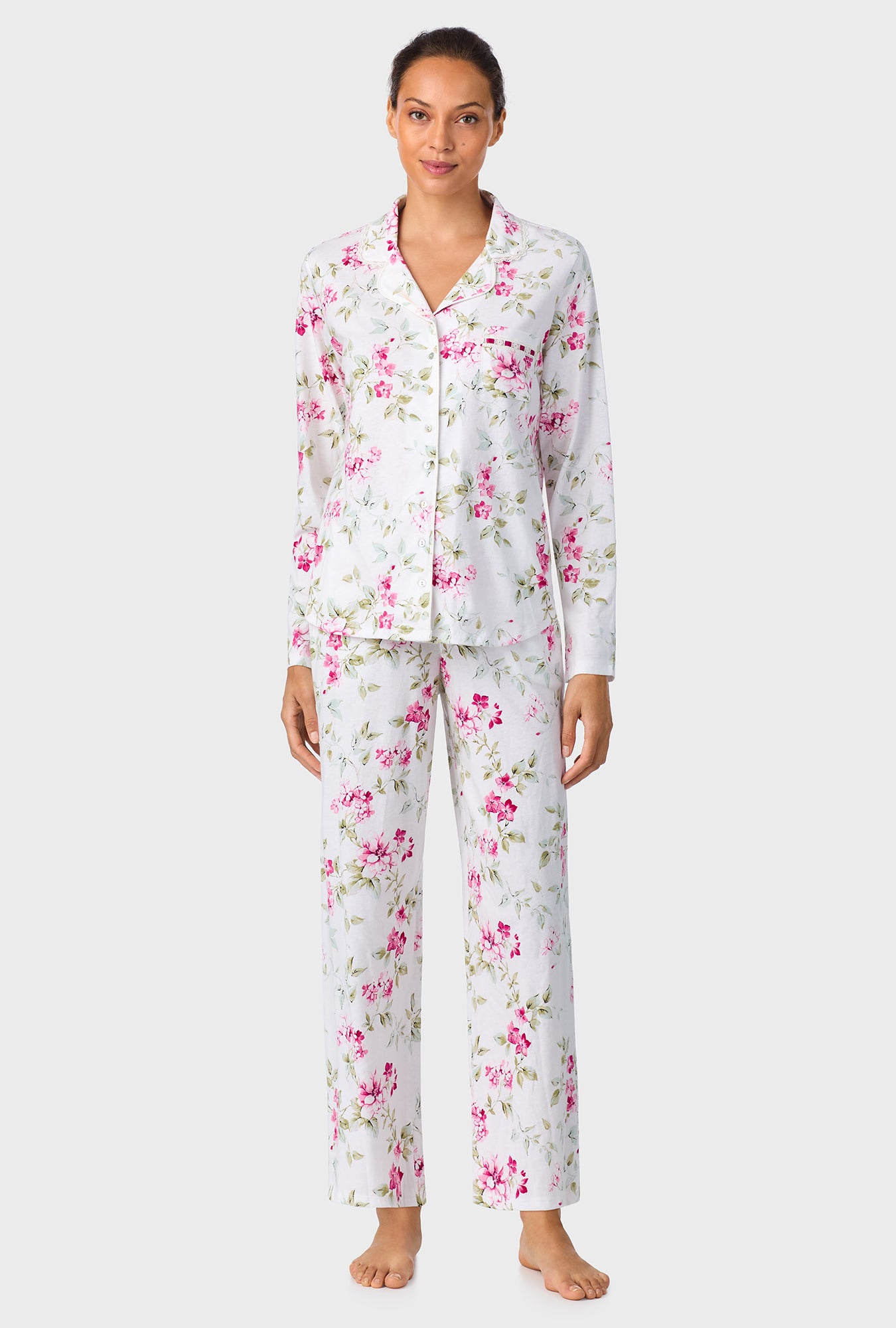 A lady wearing Evening Rose Trellis Classic Cotton Knit Notch Pajama