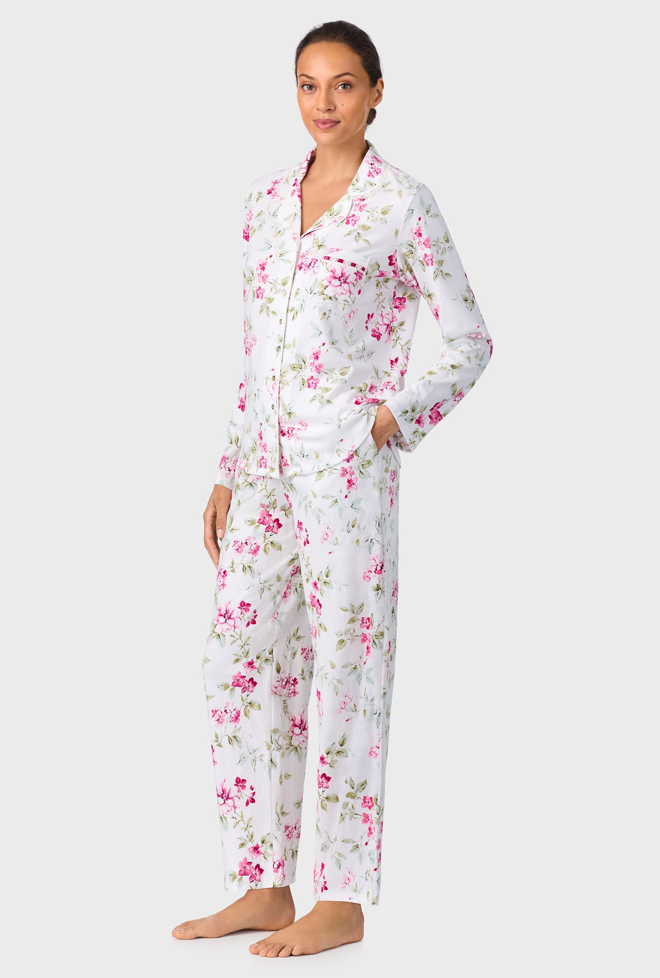 A lady wearing Evening Rose Trellis Classic Cotton Knit Notch Pajama