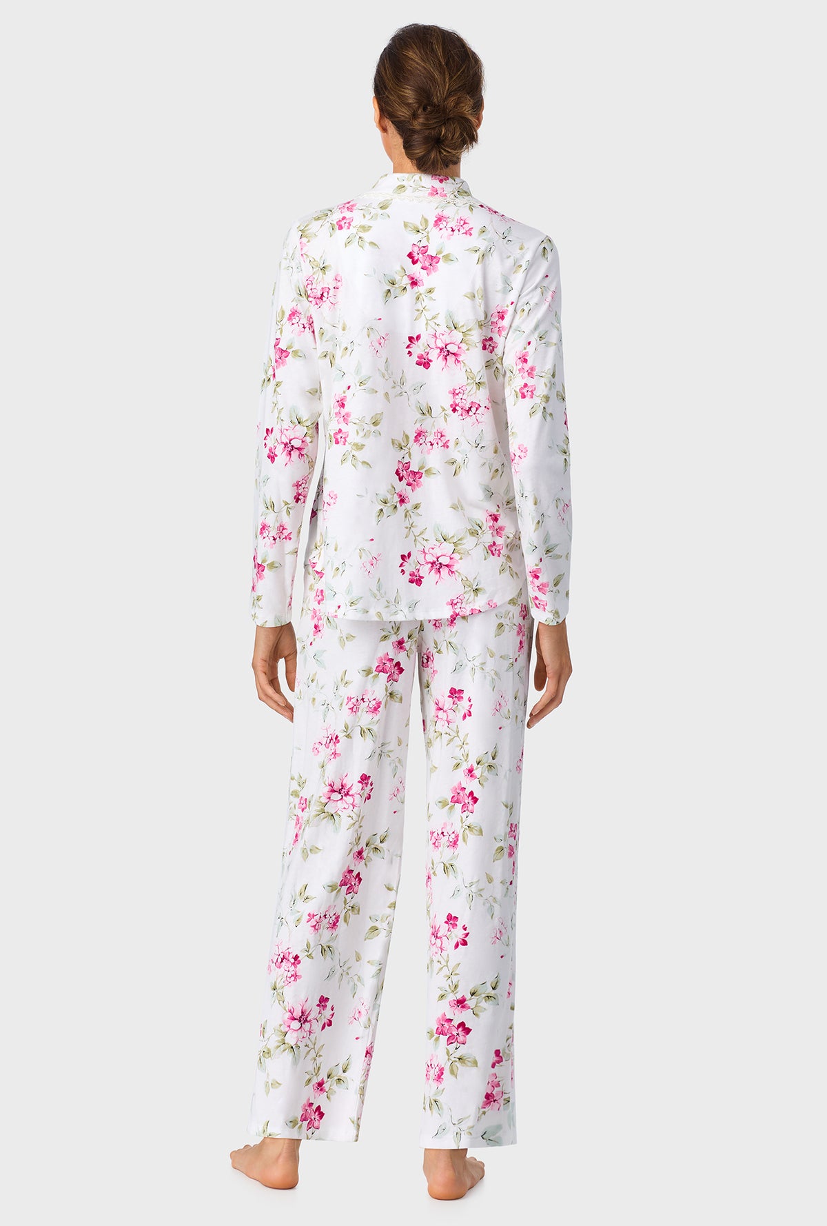 A lady wearing Evening Rose Trellis Classic Cotton Knit Notch Pajama