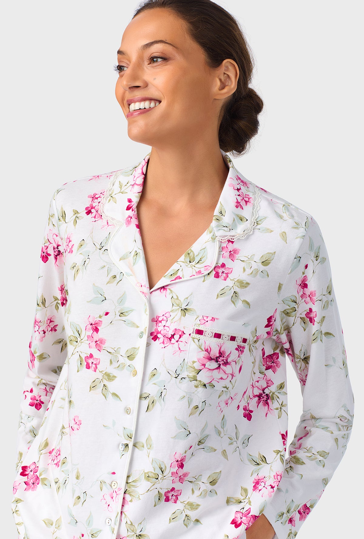 A lady wearing Evening Rose Trellis Classic Cotton Knit Notch Pajama