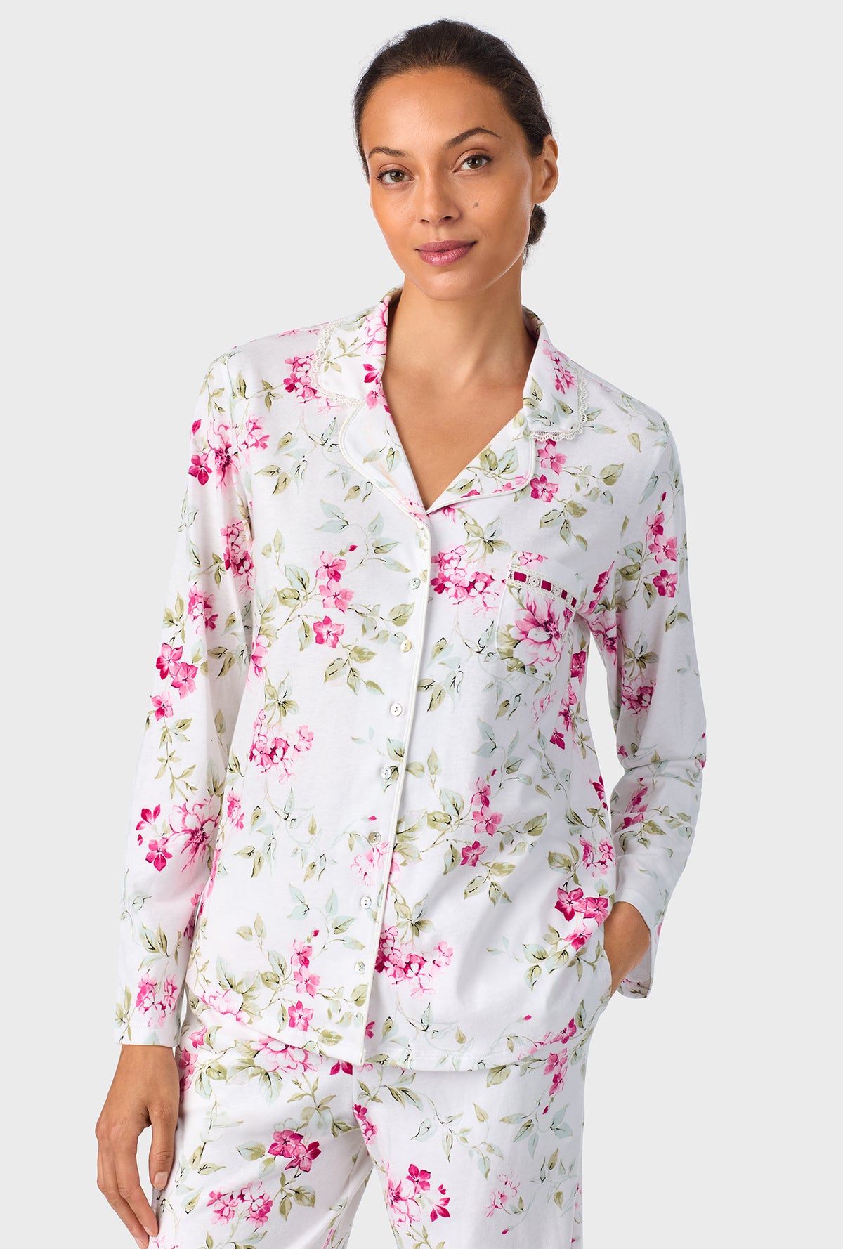 A lady wearing Evening Rose Trellis Classic Cotton Knit Notch Pajama