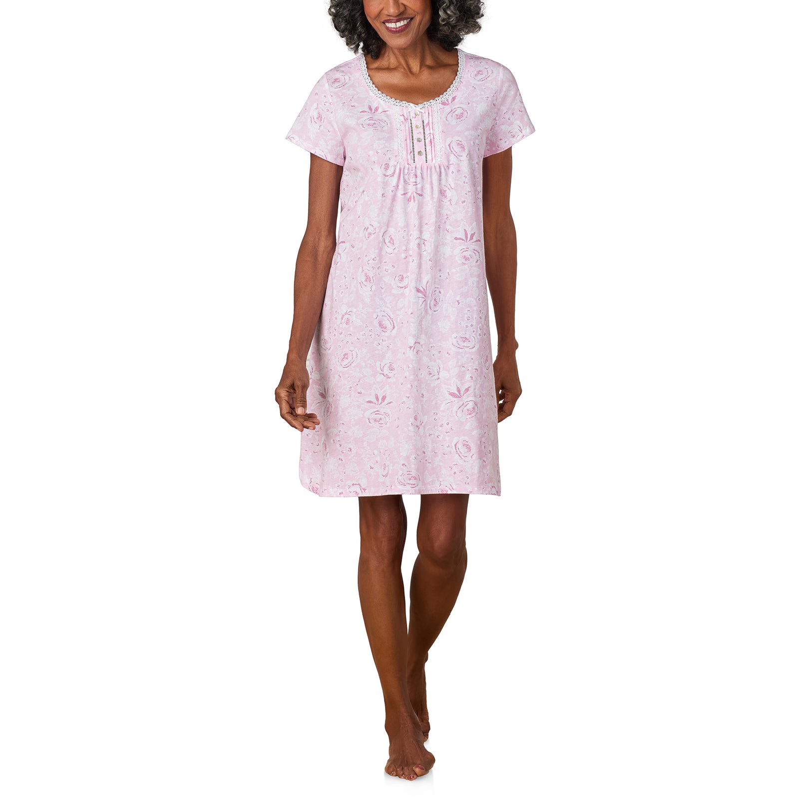 A lady wearing Pink Roses Cotton Jersey Nightshirt
