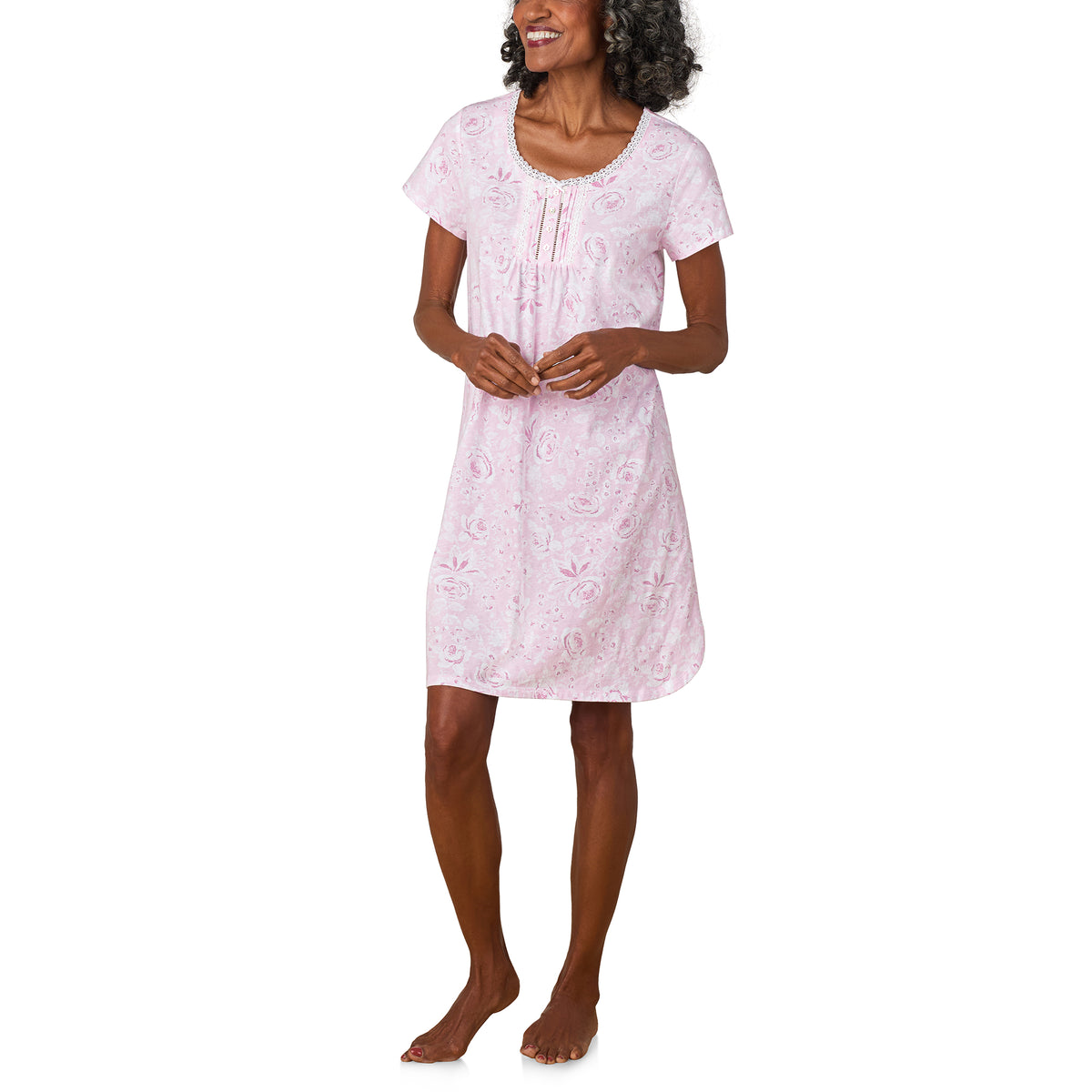 A lady wearing Pink Roses Cotton Jersey Nightshirt