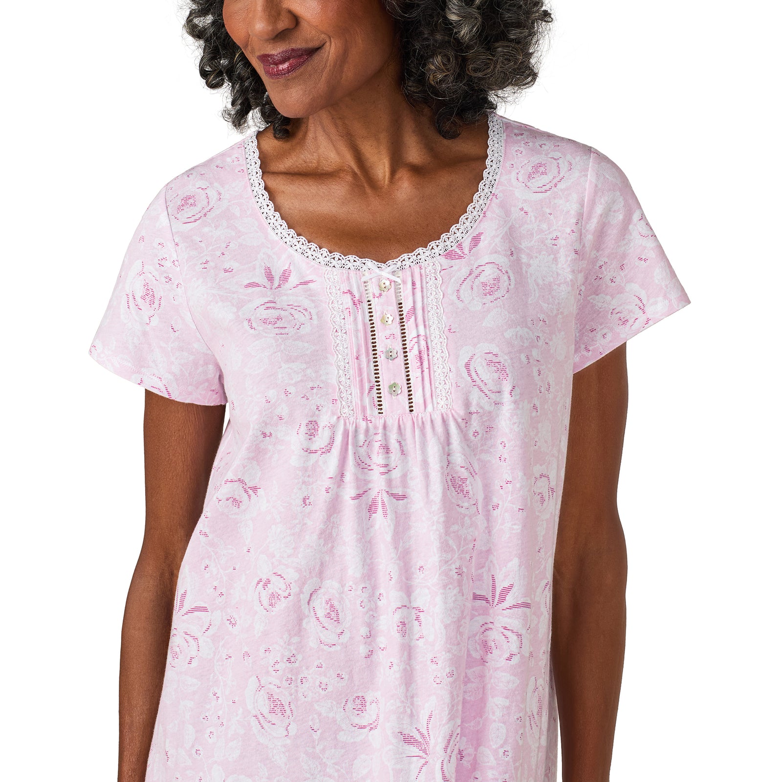 A lady wearing Pink Roses Cotton Jersey Nightshirt