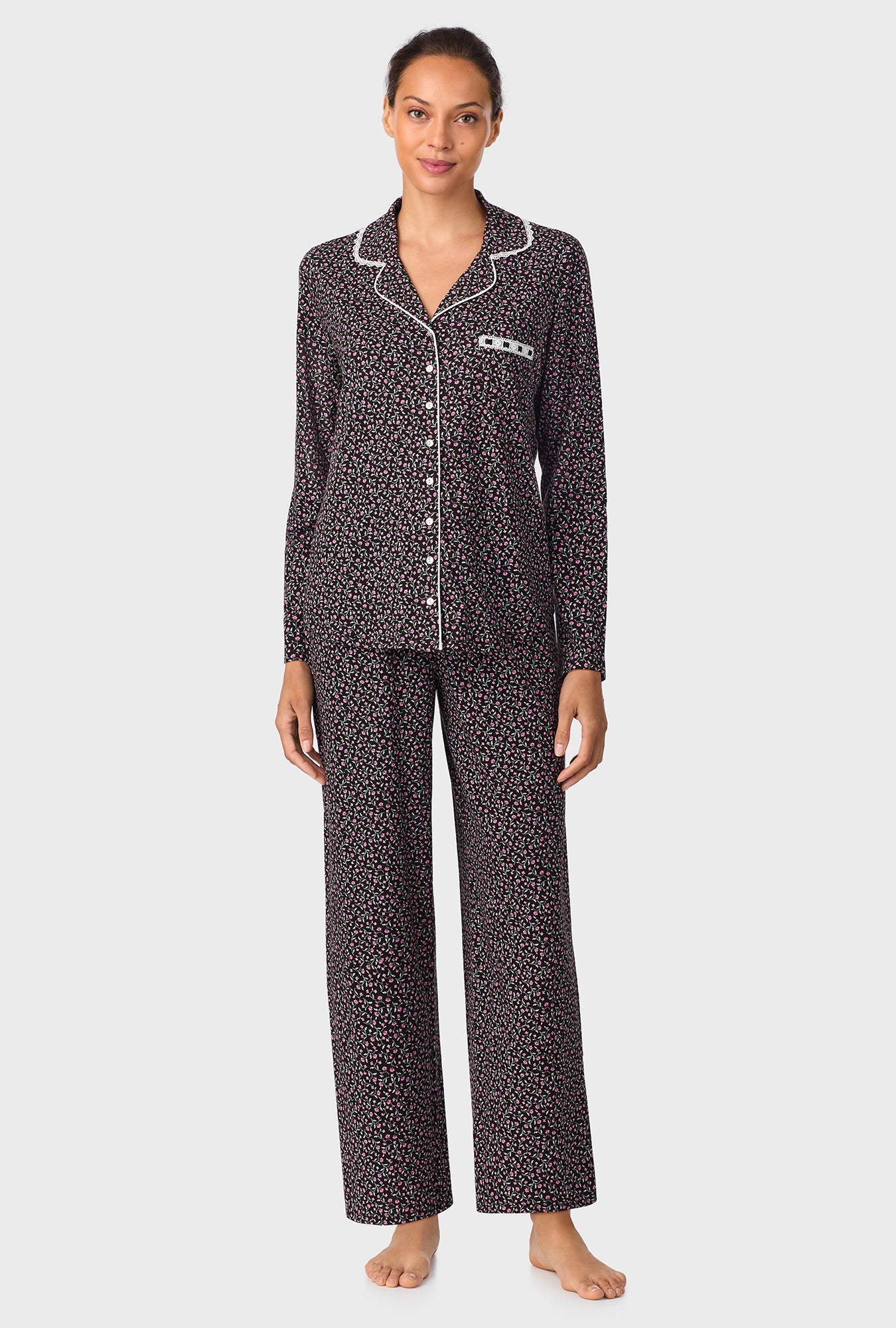 A lady wearing Midnight Floral Classic Cotton Knit Notch Pajama