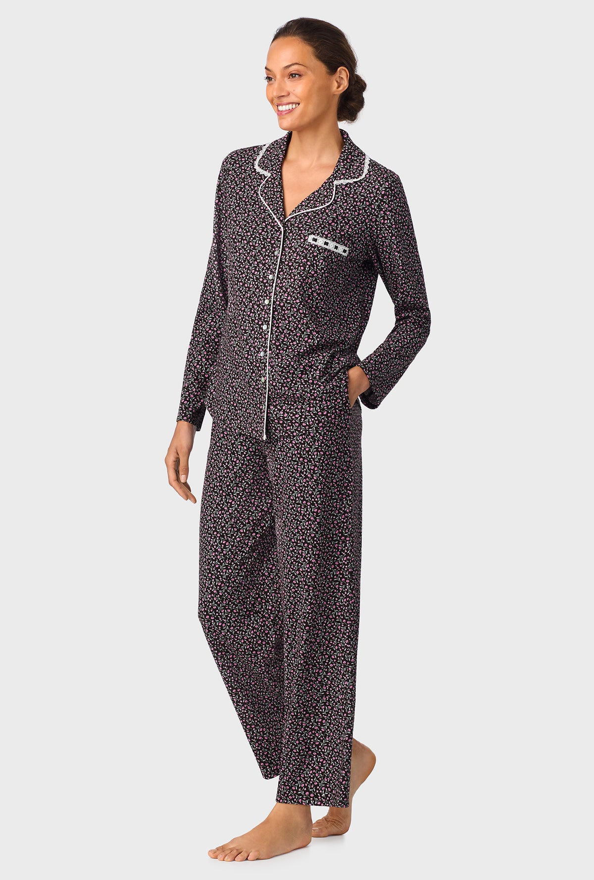 A lady wearing Midnight Floral Classic Cotton Knit Notch Pajama