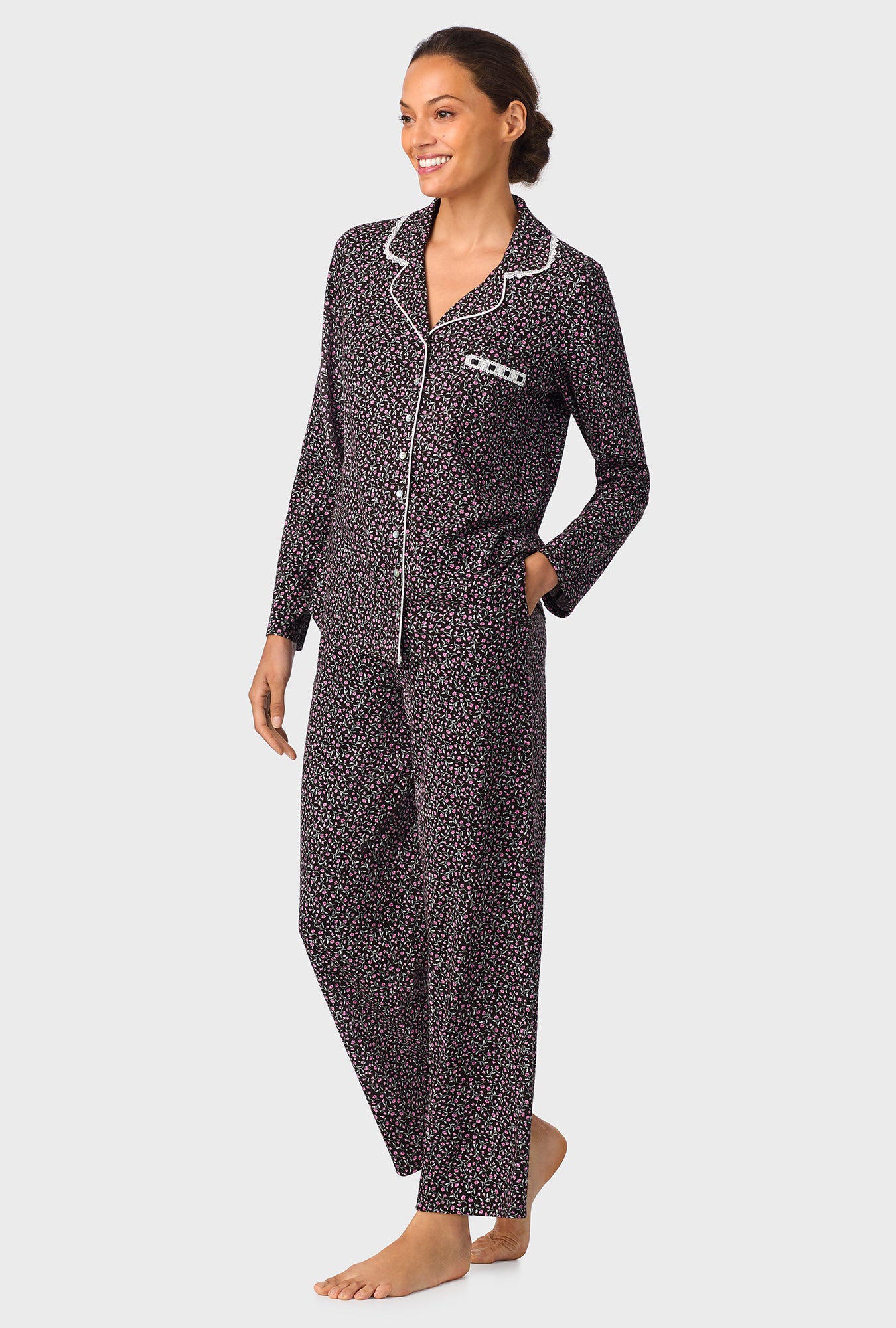 A lady wearing Midnight Floral Classic Cotton Knit Notch Pajama