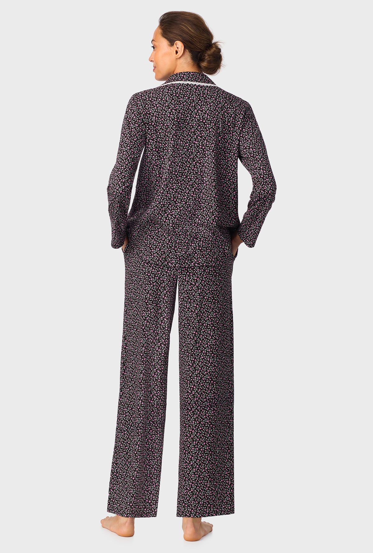 A lady wearing Midnight Floral Classic Cotton Knit Notch Pajama