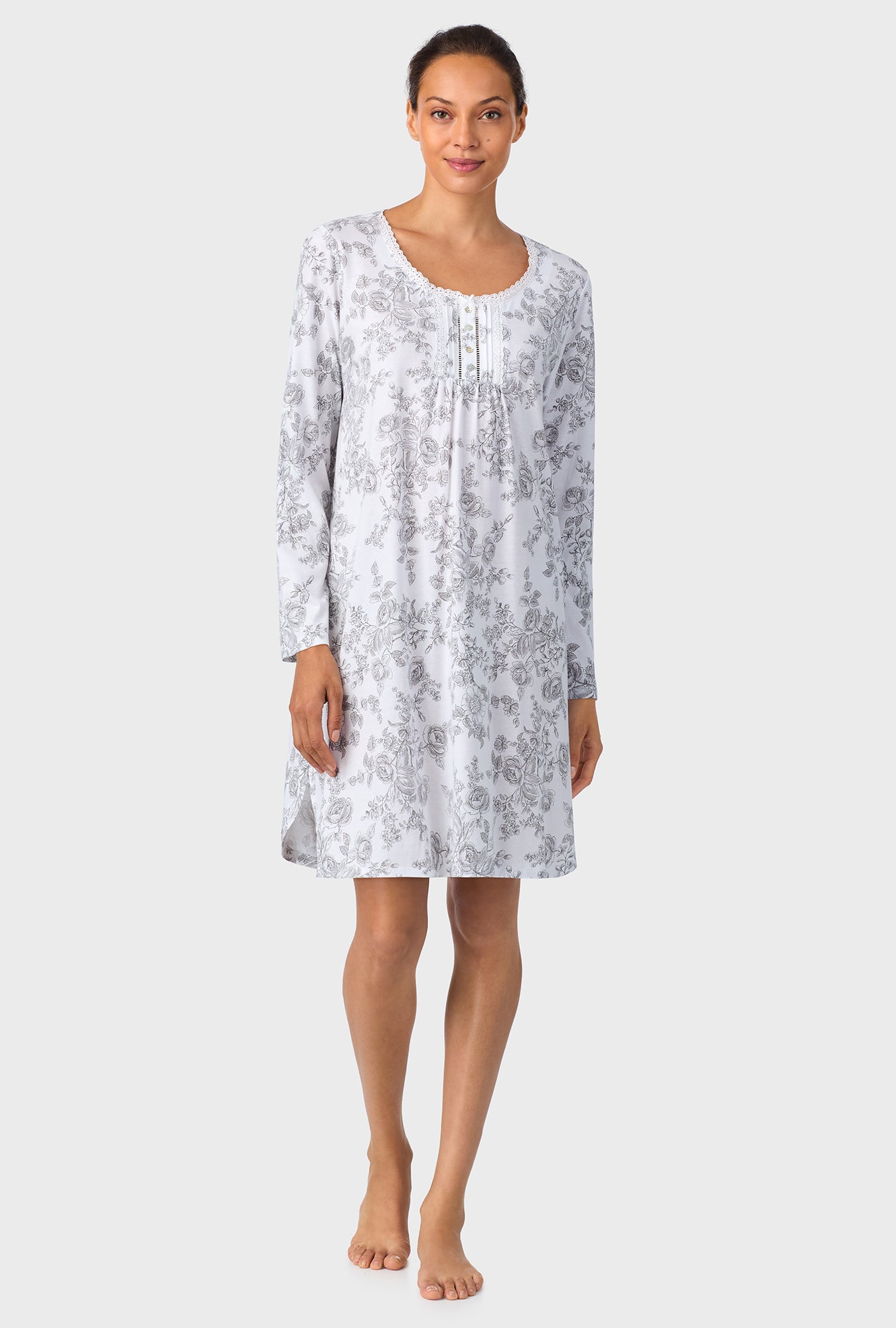 A lady wearing Grey Toile Short Long Sleeve Cotton Knit Nightshirt
