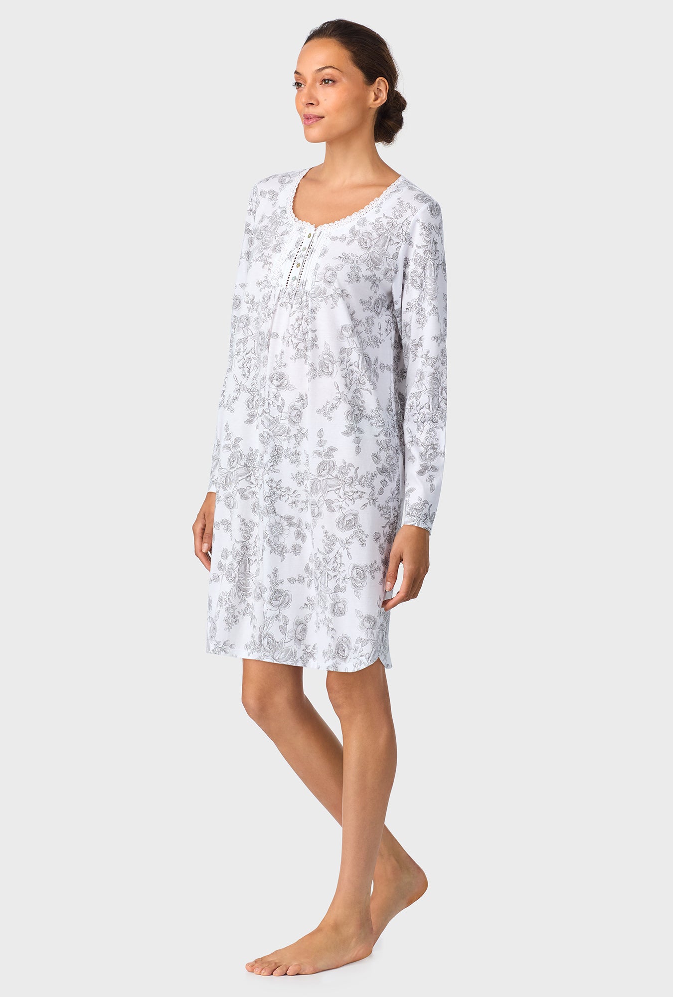 A lady wearing Grey Toile Short Long Sleeve Cotton Knit Nightshirt