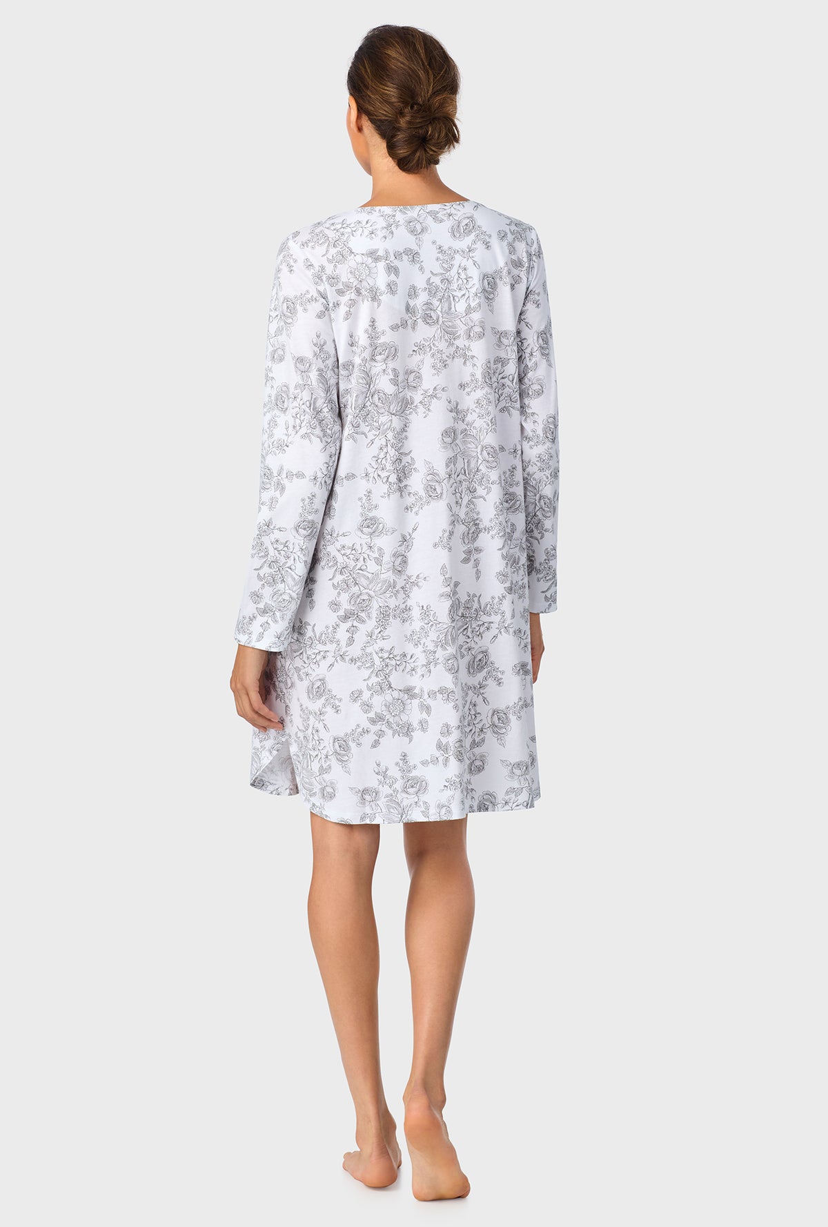 A lady wearing Grey Toile Short Long Sleeve Cotton Knit Nightshirt