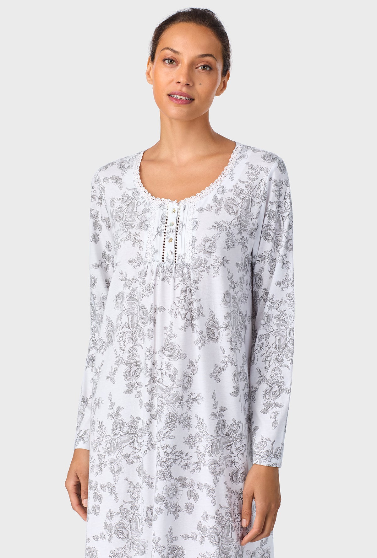A lady wearing Grey Toile Short Long Sleeve Cotton Knit Nightshirt