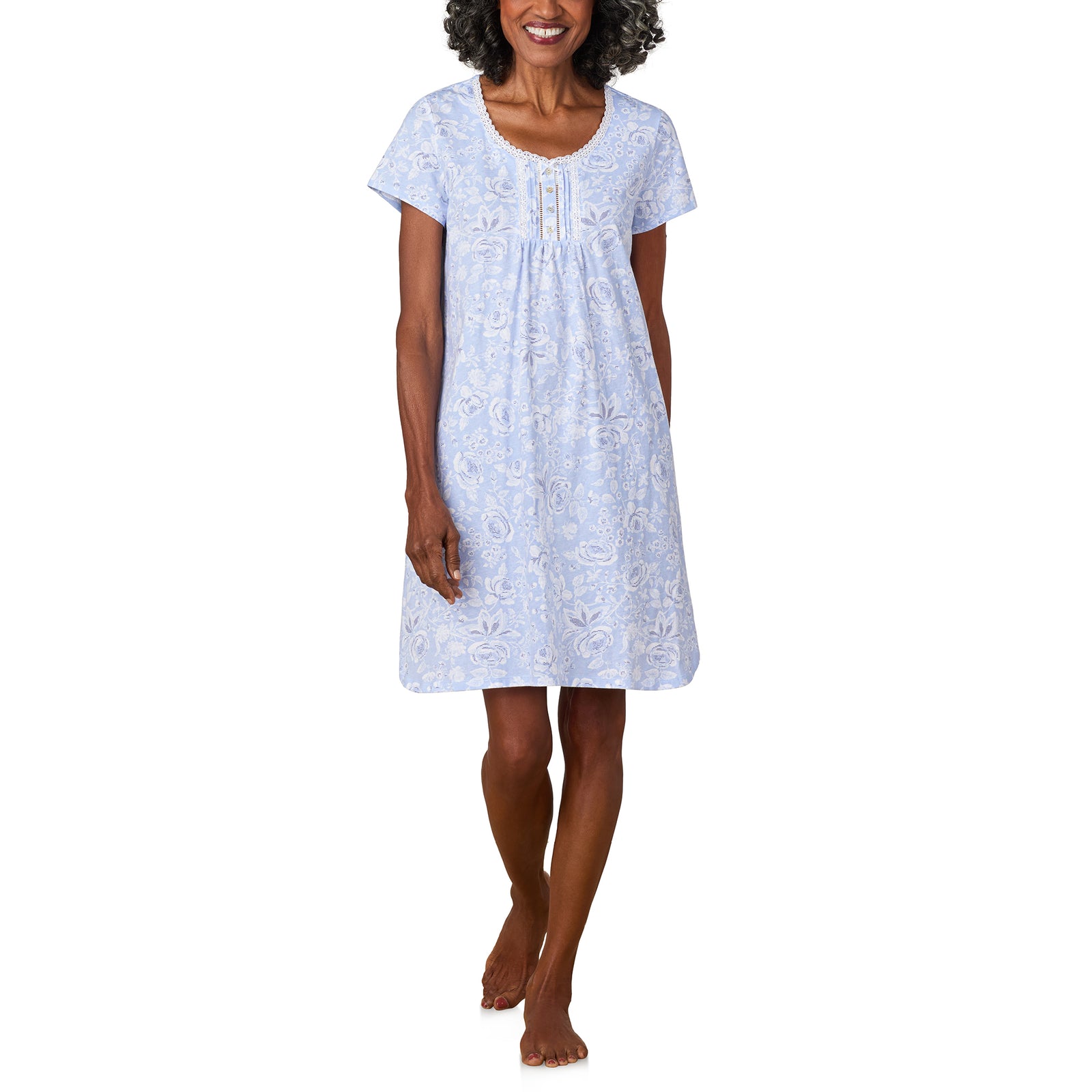 A lady wearing Blue Roses Cap Sleeve Nightshirt