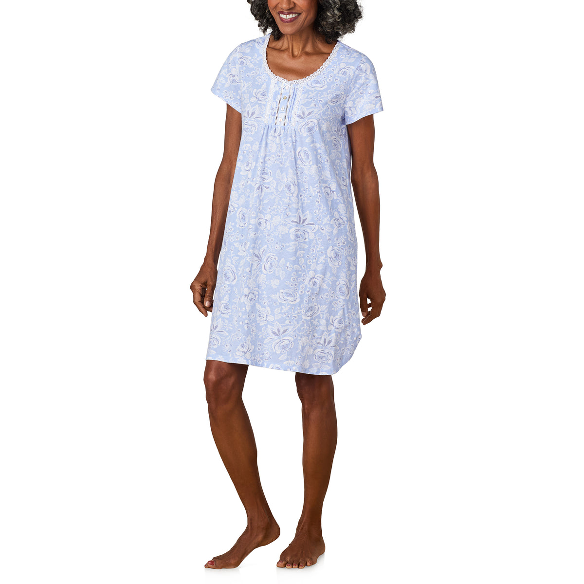 A lady wearing Blue Roses Cap Sleeve Nightshirt