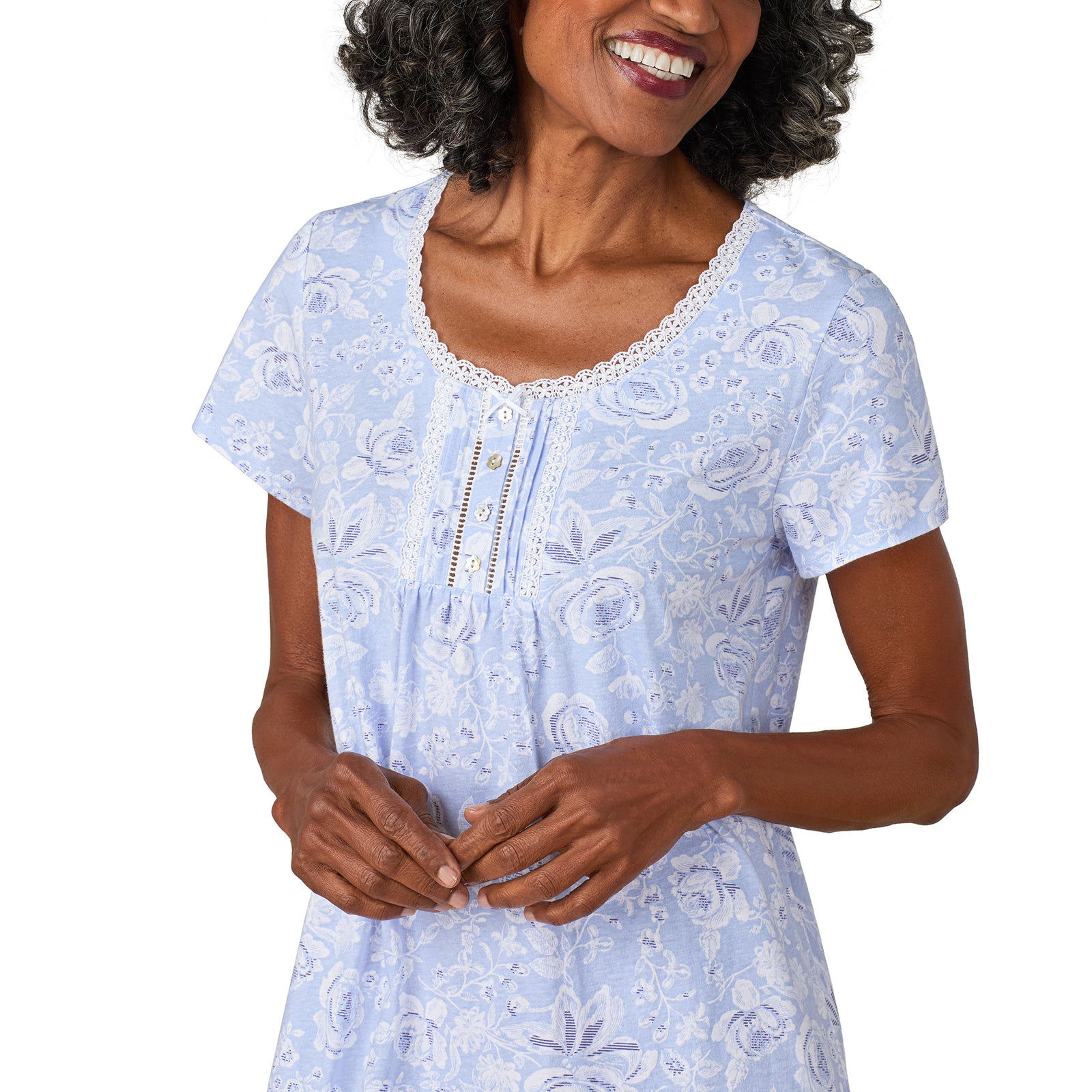 A lady wearing Blue Roses Cap Sleeve Nightshirt