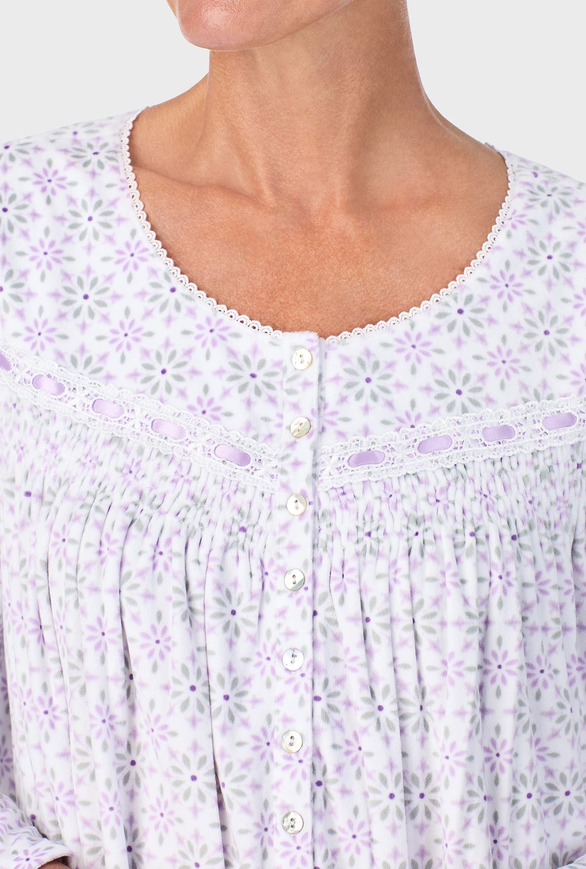 A lady wearing Lilac Geo Long Sleeve Nightgown