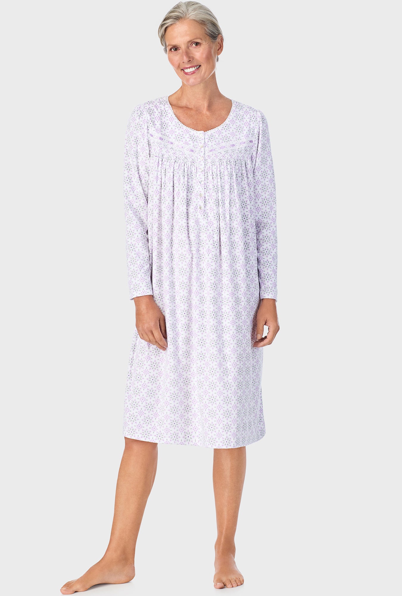 A lady wearing Lilac Geo Long Sleeve Nightgown