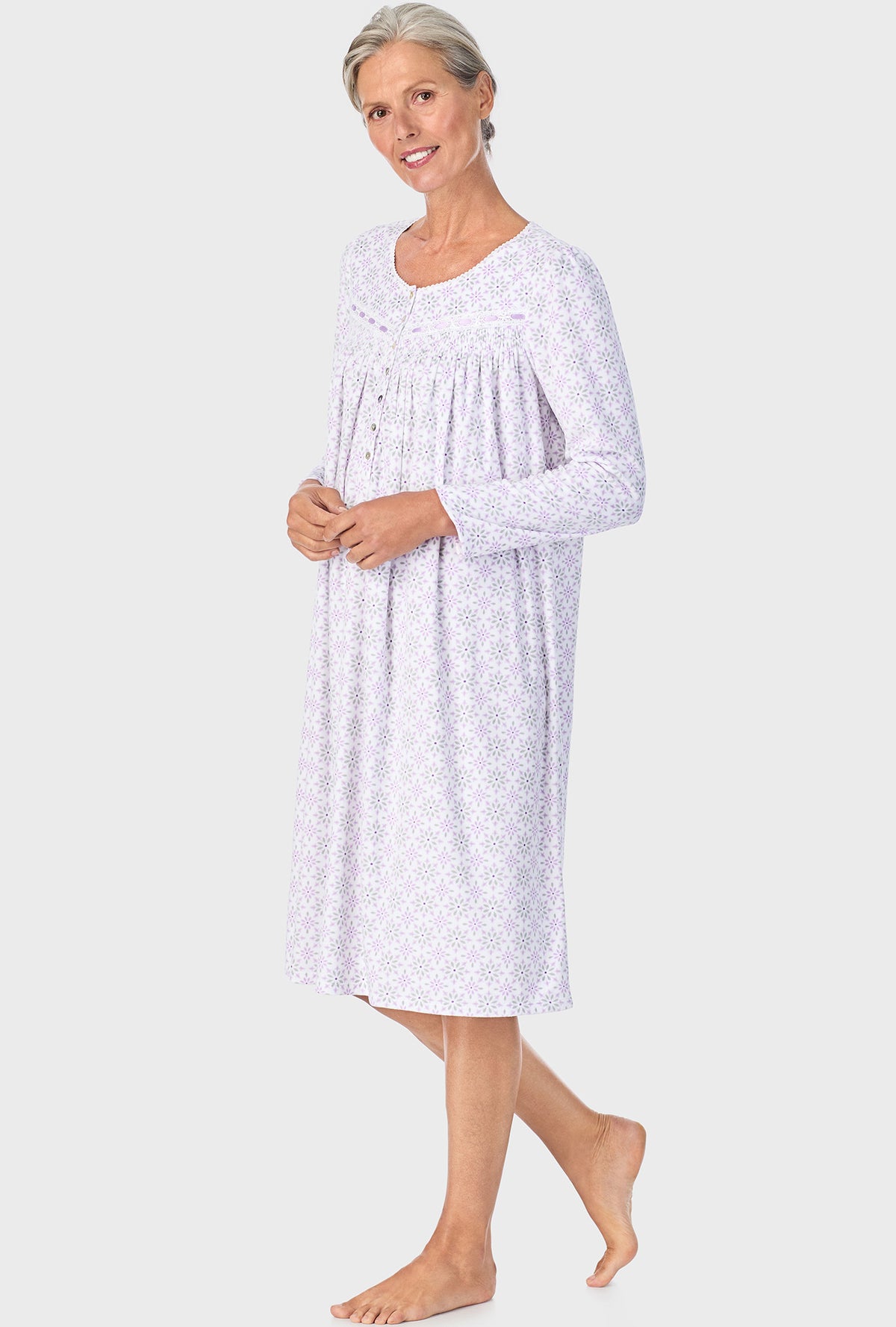 A lady wearing Lilac Geo Long Sleeve Nightgown