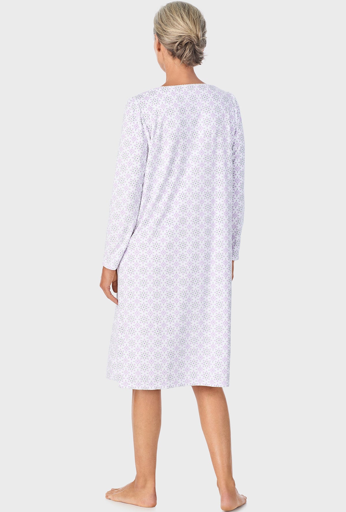 A lady wearing Lilac Geo Long Sleeve Nightgown