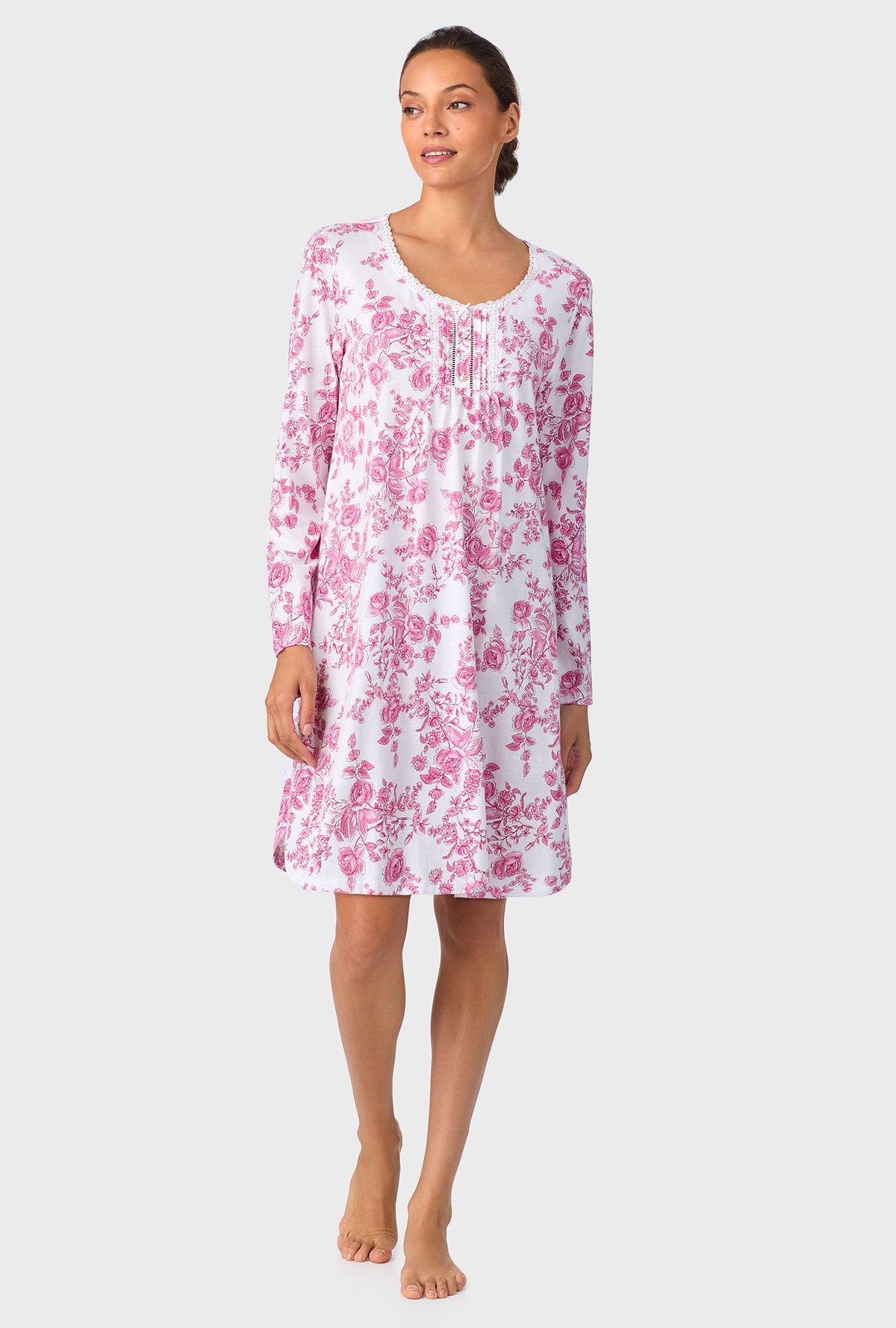 A lady wearing Berry Toile Short Long Sleeve Cotton Knit Nightshirt