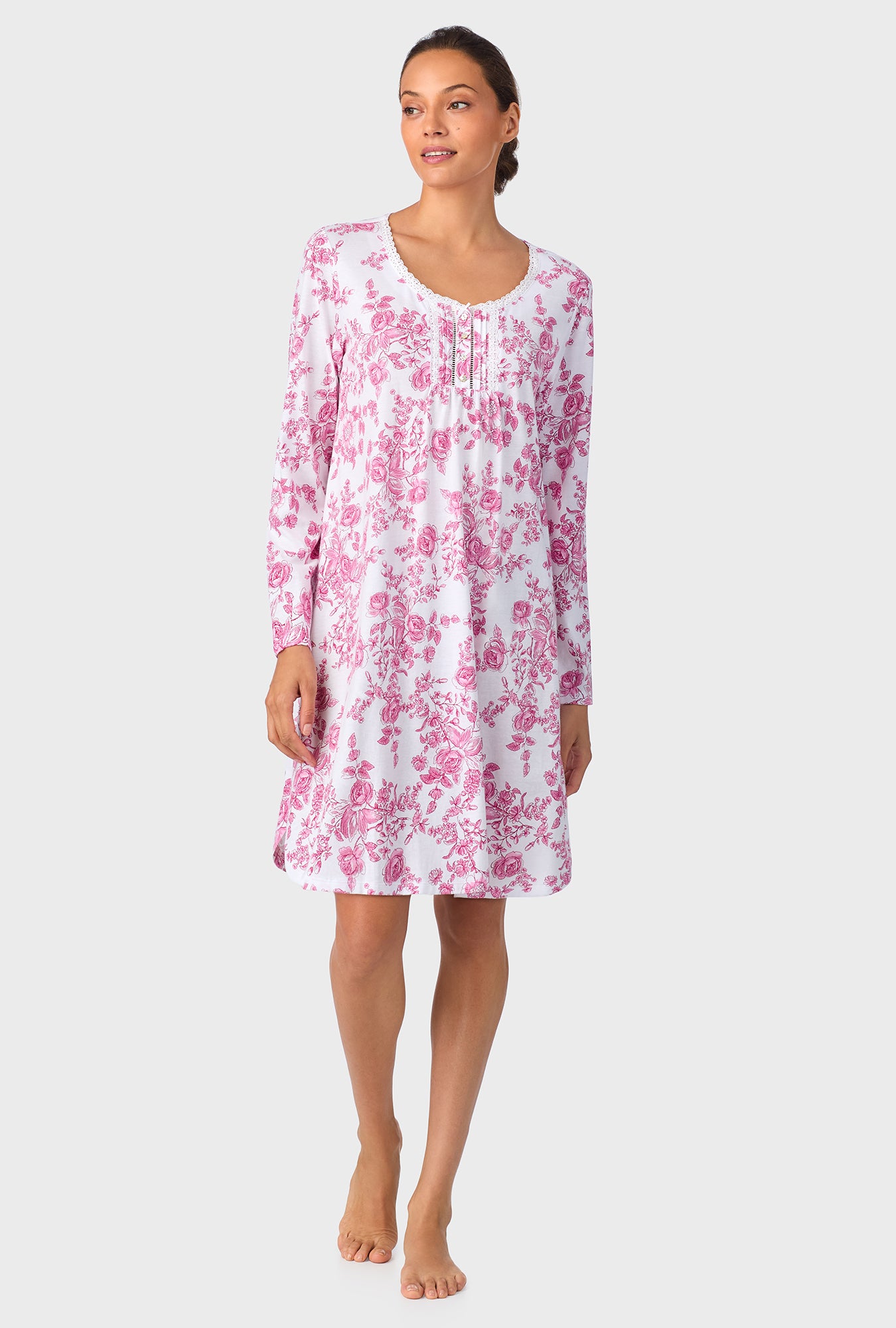 A lady wearing Berry Toile Short Long Sleeve Cotton Knit Nightshirt