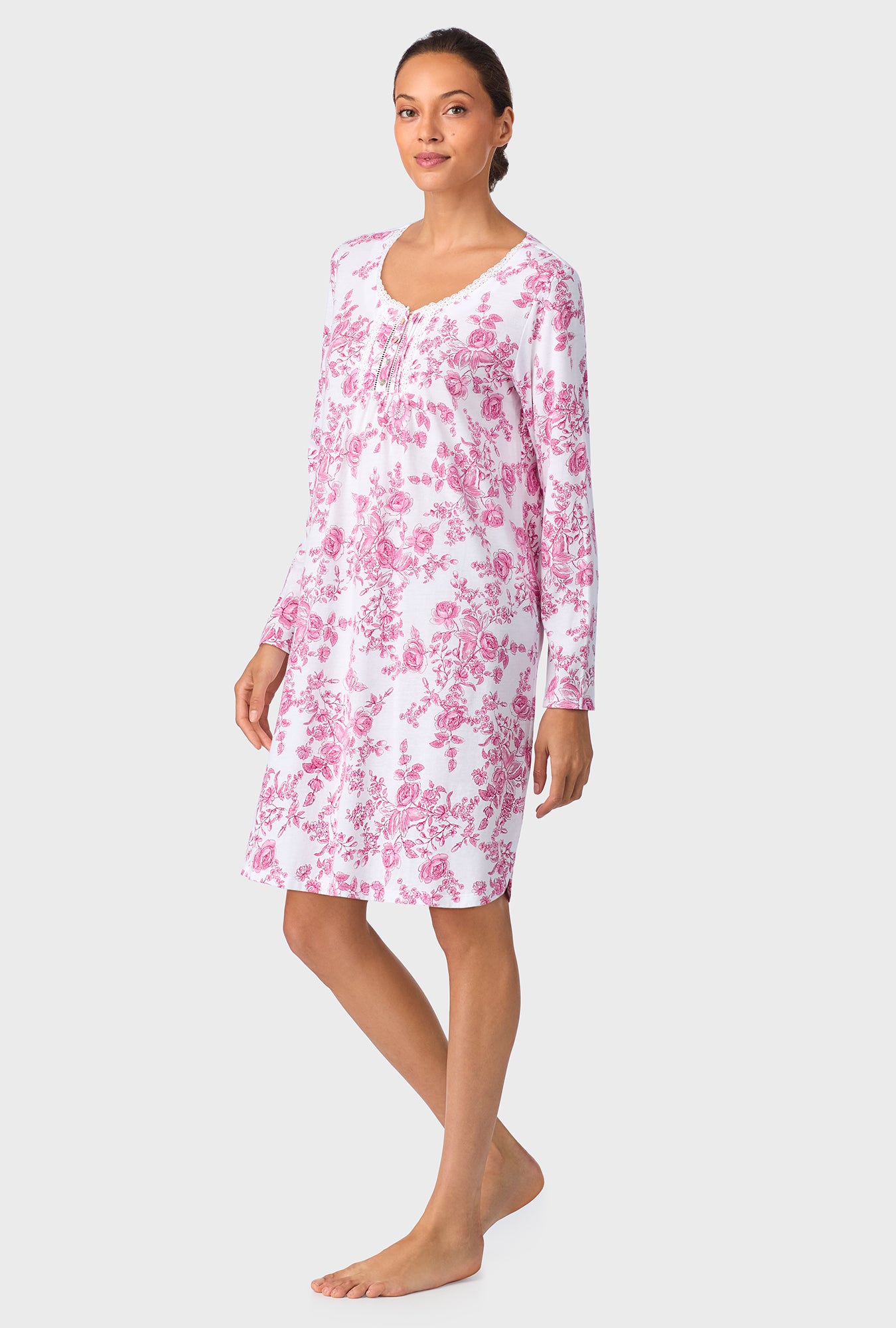A lady wearing Berry Toile Short Long Sleeve Cotton Knit Nightshirt