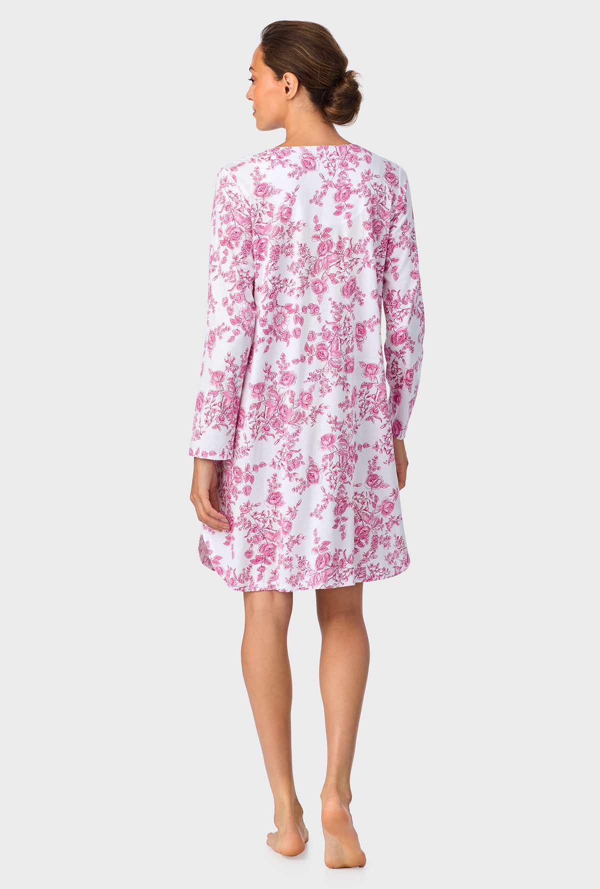A lady wearing Berry Toile Short Long Sleeve Cotton Knit Nightshirt