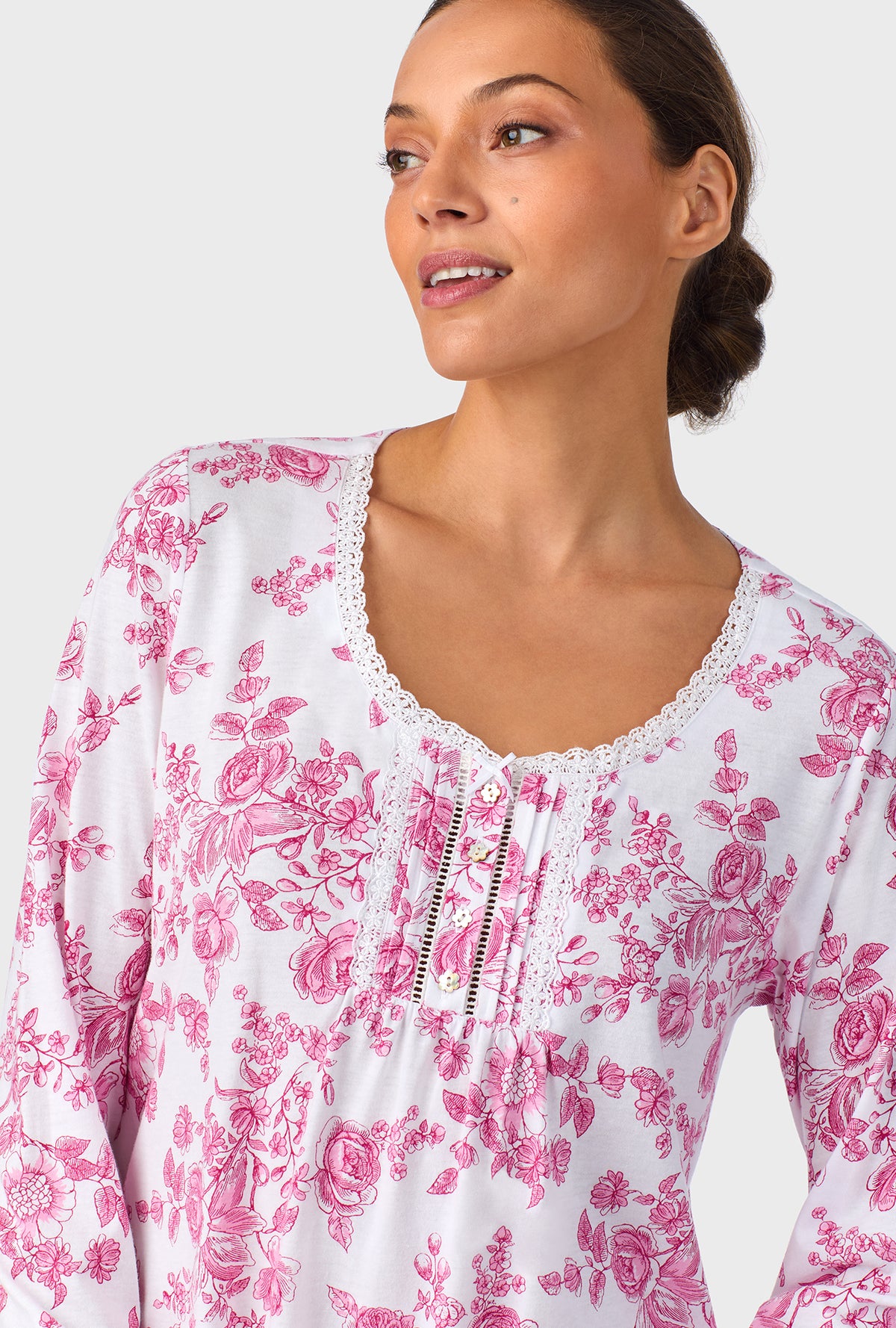 A lady wearing Berry Toile Short Long Sleeve Cotton Knit Nightshirt