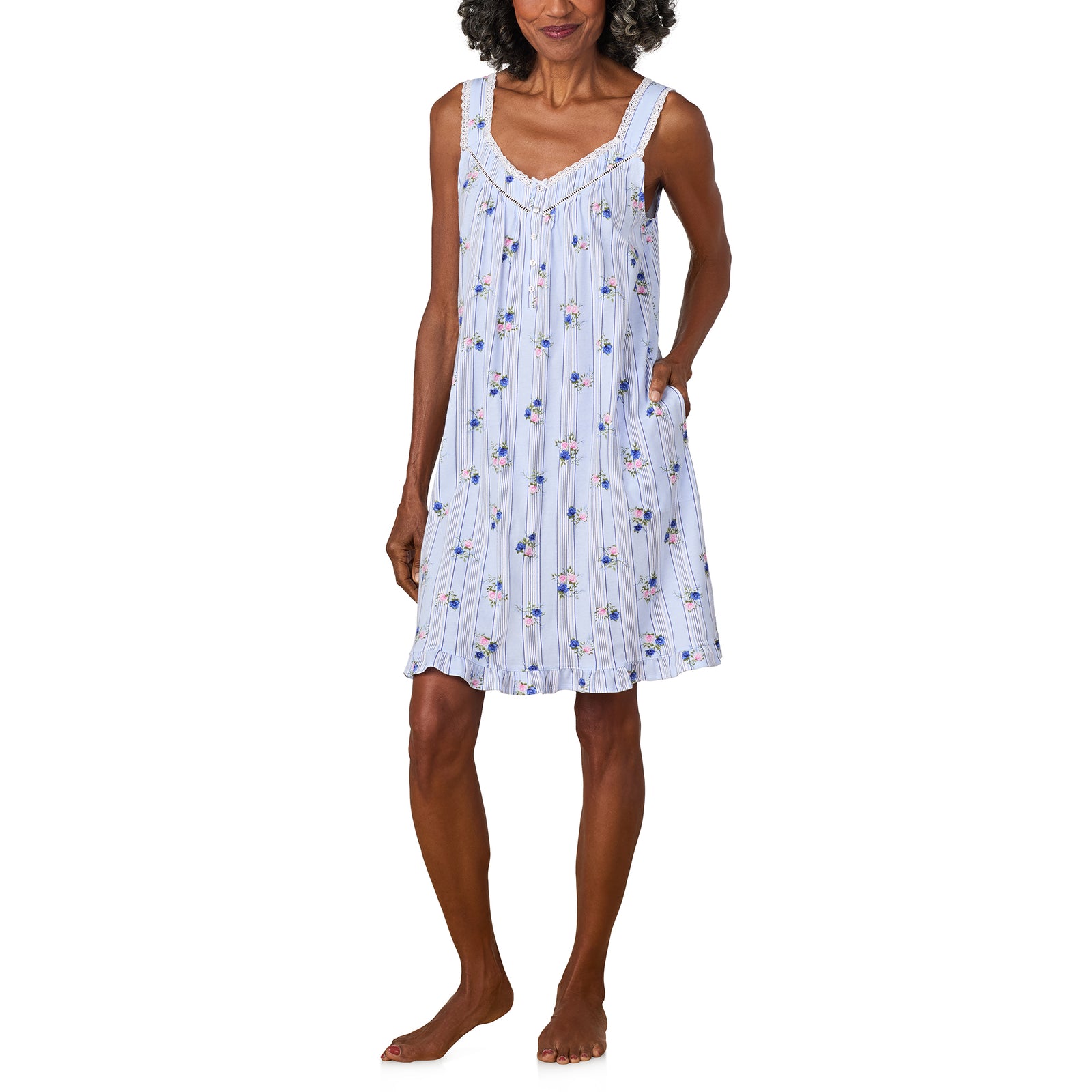 A lady wearing Rose Stripe Cotton Jersey Chemise