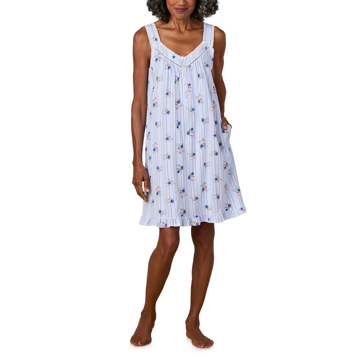 A lady wearing Rose Stripe Cotton Jersey Chemise