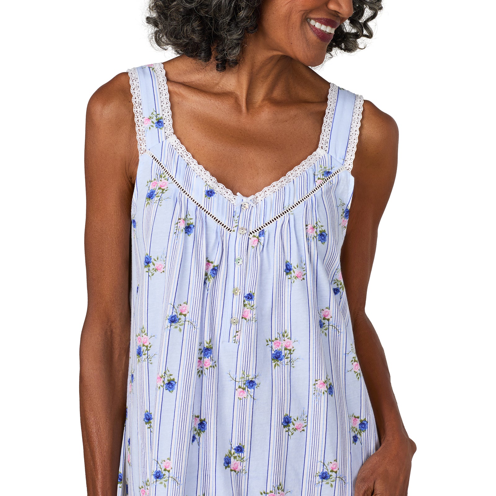 A lady wearing Rose Stripe Cotton Jersey Chemise