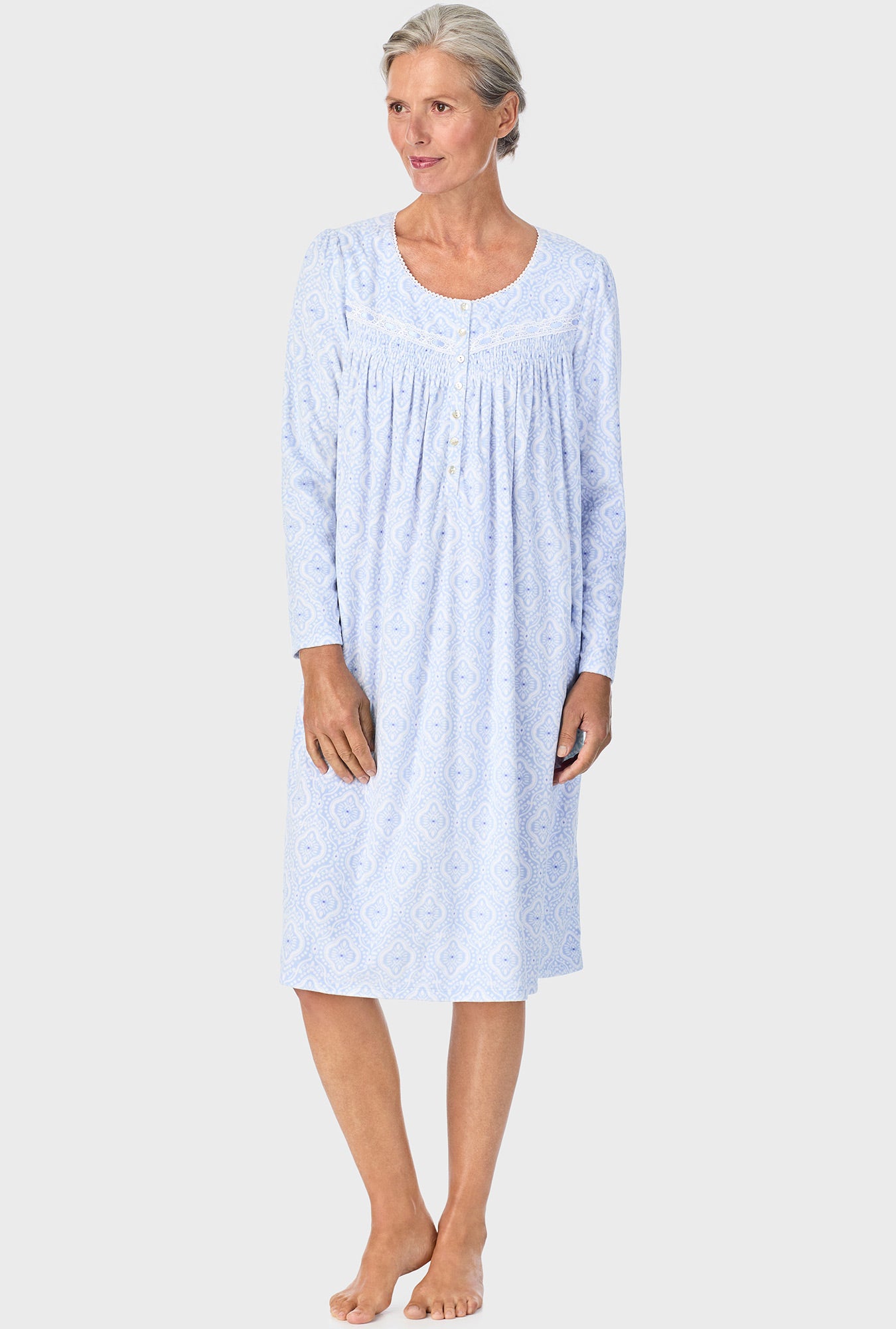 A lady wearing Ice Blue Geo Long Sleeve Nightgown