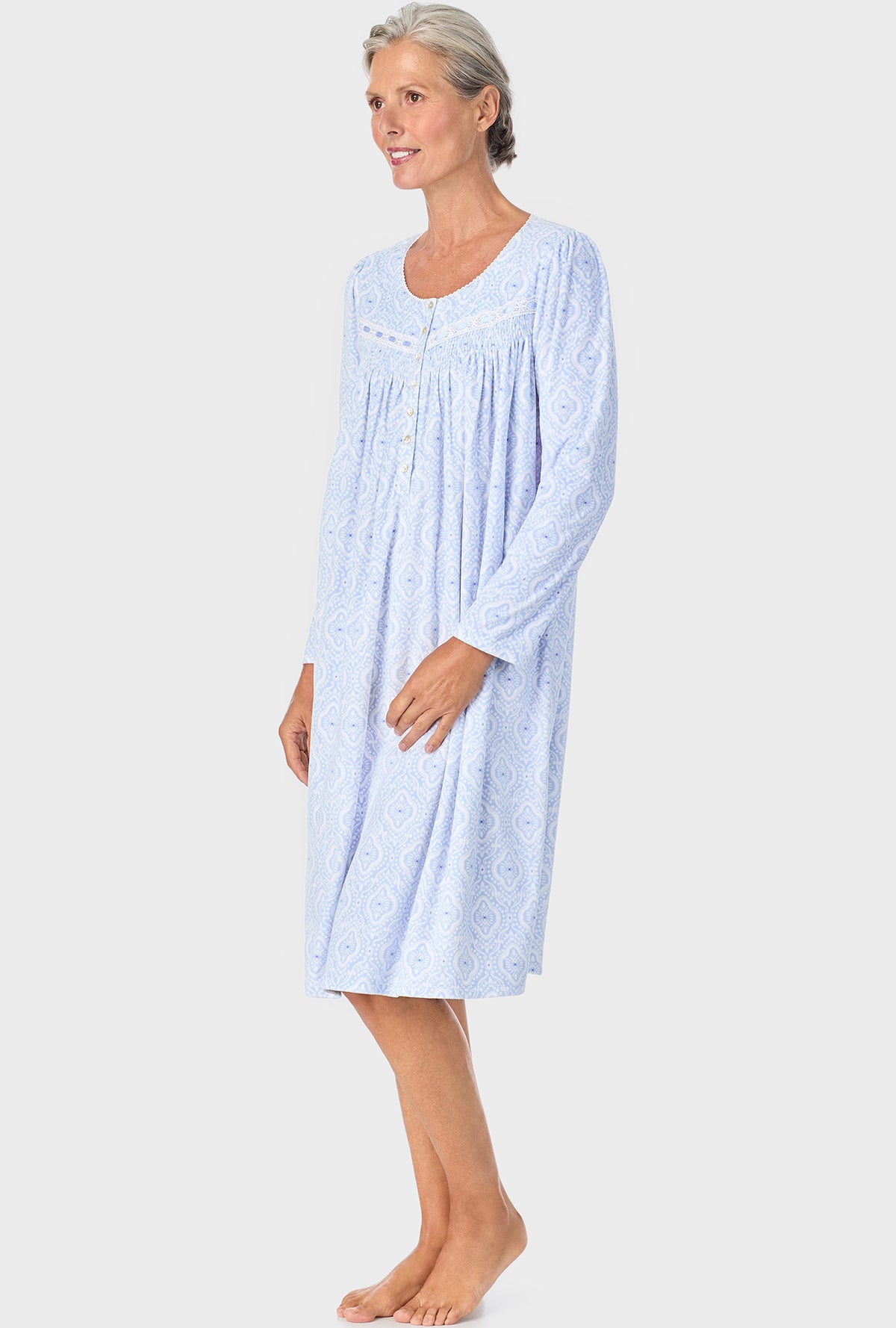 A lady wearing Ice Blue Geo Long Sleeve Nightgown