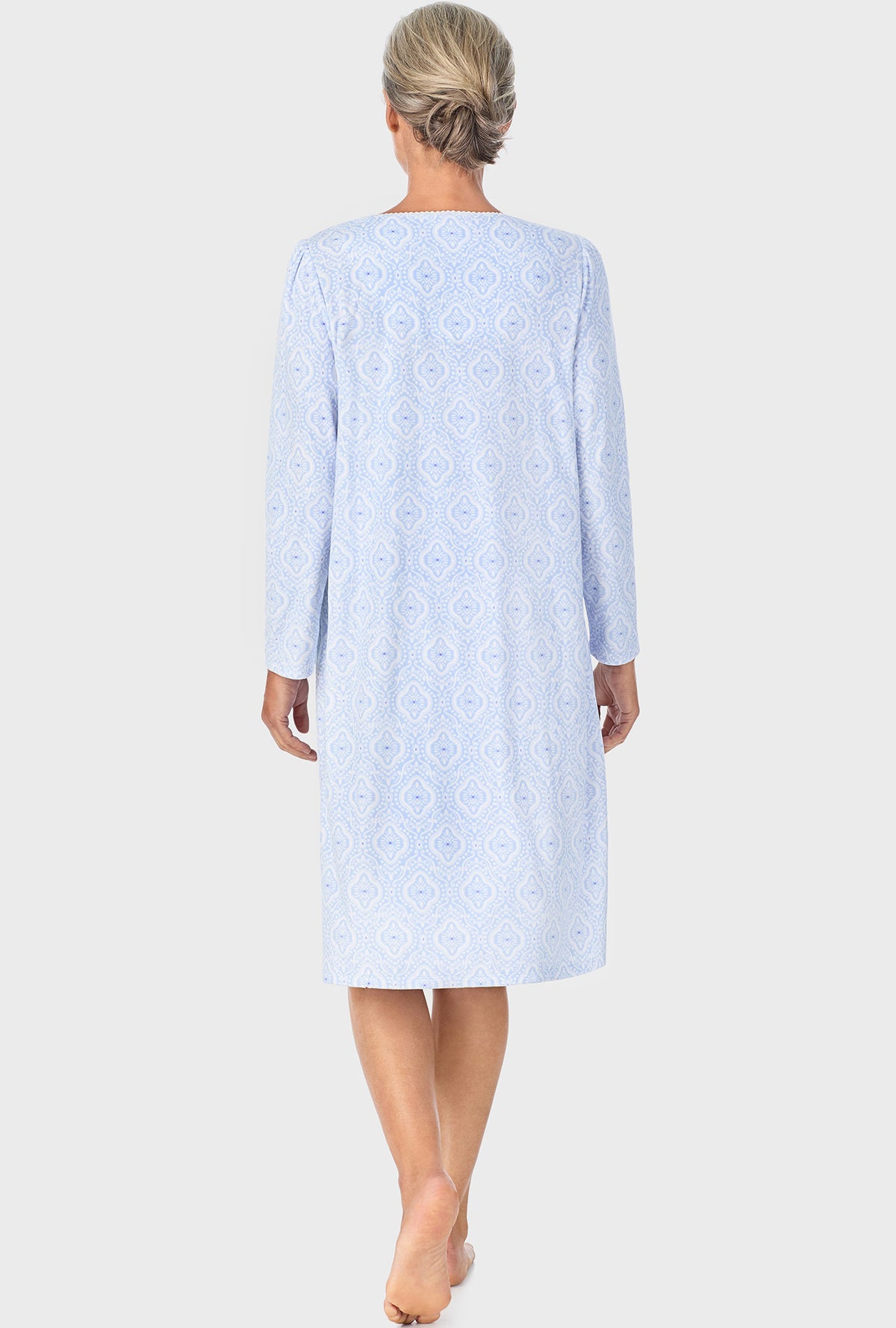 A lady wearing Ice Blue Geo Long Sleeve Nightgown