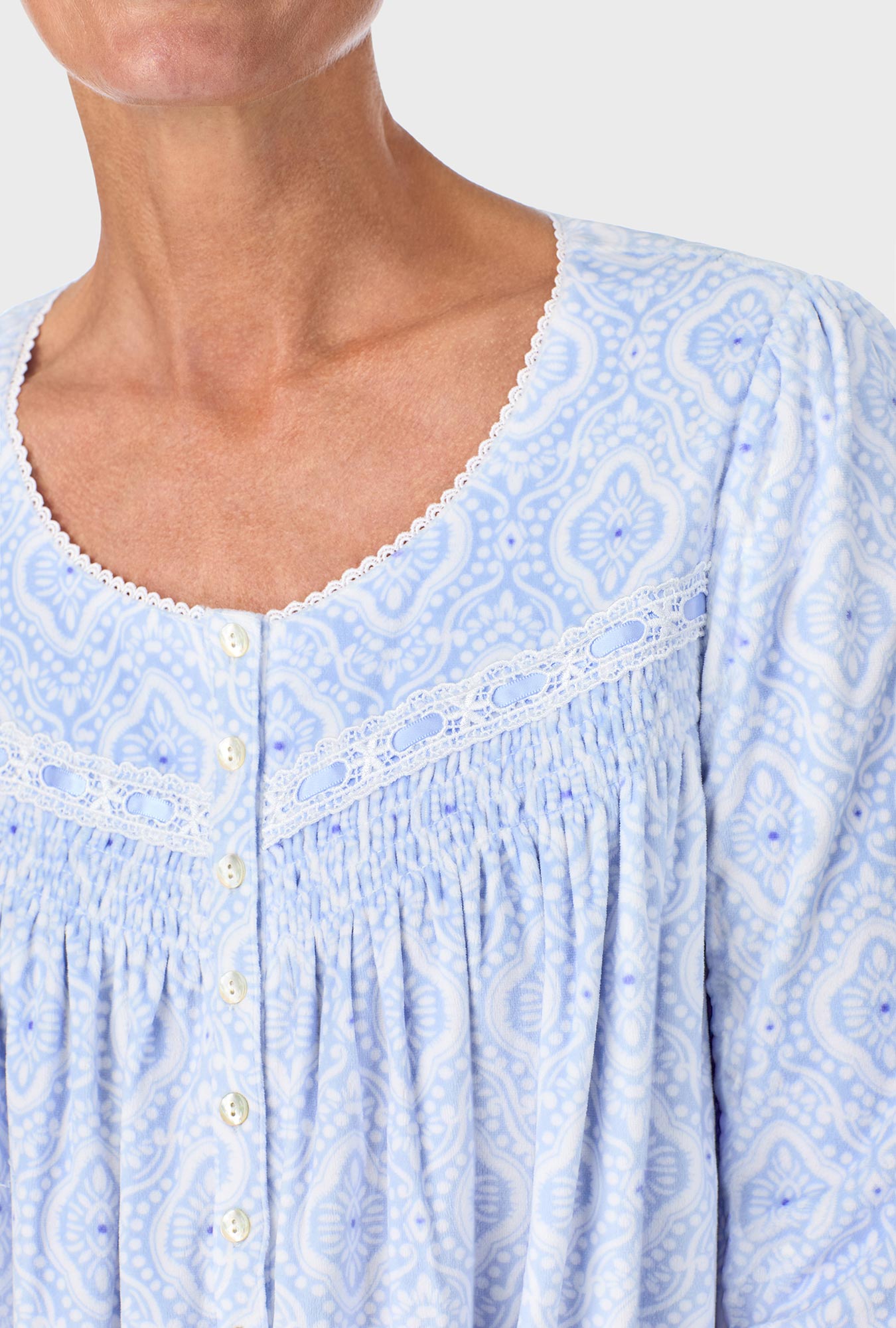 A lady wearing Ice Blue Geo Long Sleeve Nightgown