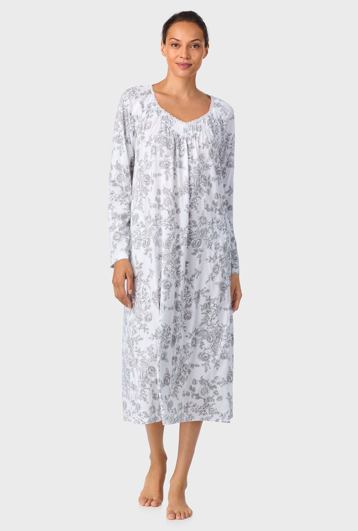 A lady wearing Grey Toile Long Sleeve Ballet Cotton Knit Nightgown