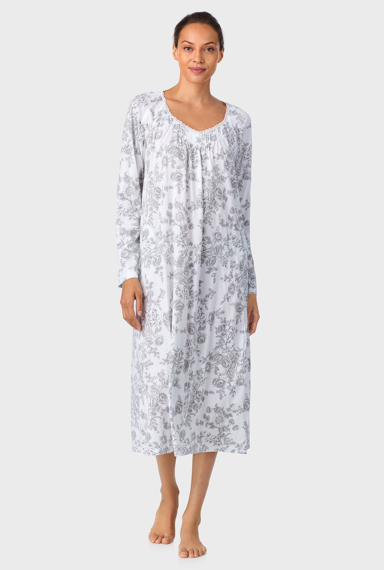 A lady wearing Grey Toile Long Sleeve Ballet Cotton Knit Nightgown
